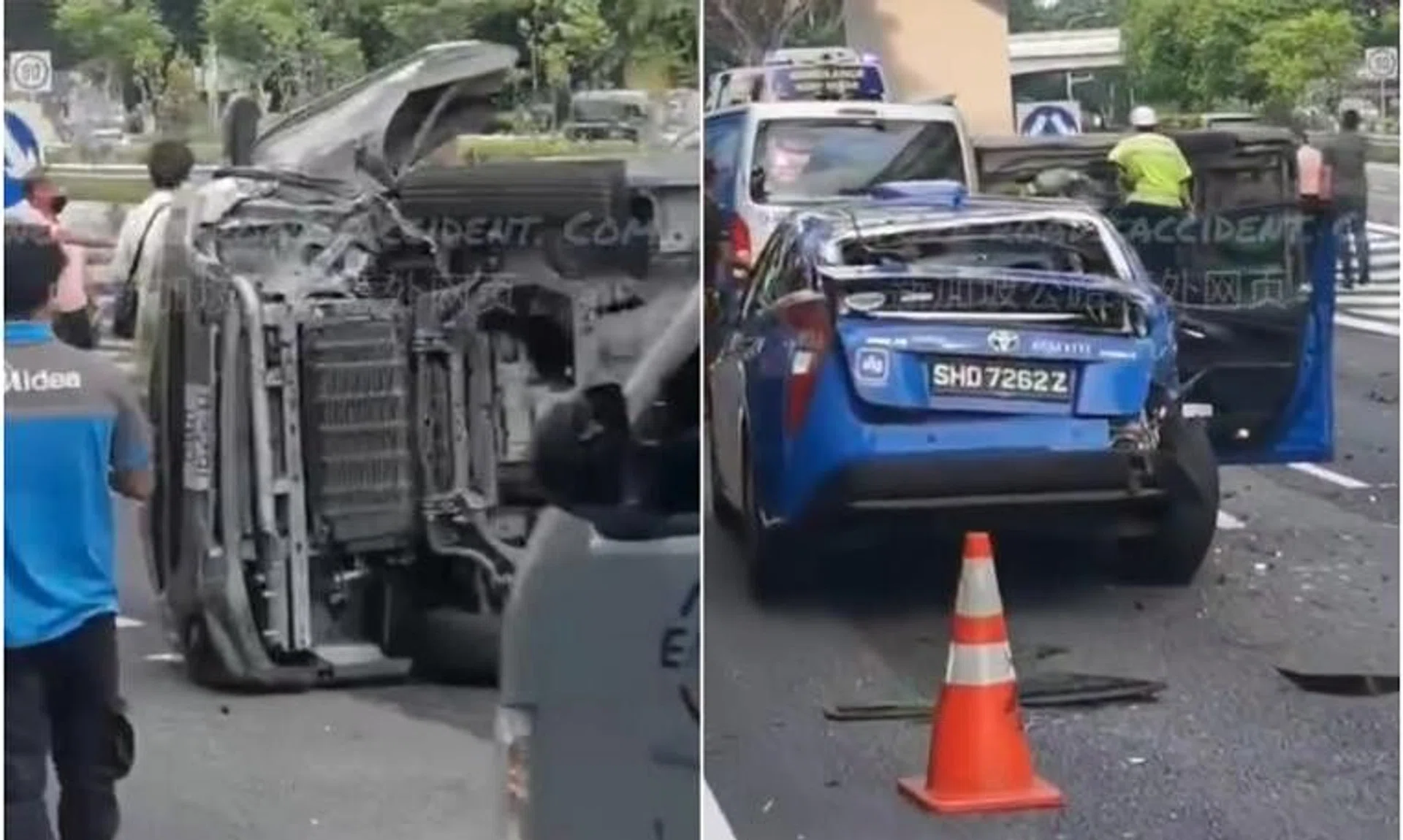 In social media footage showing the accident’s aftermath, one of the vans is seen flipped on its side. 