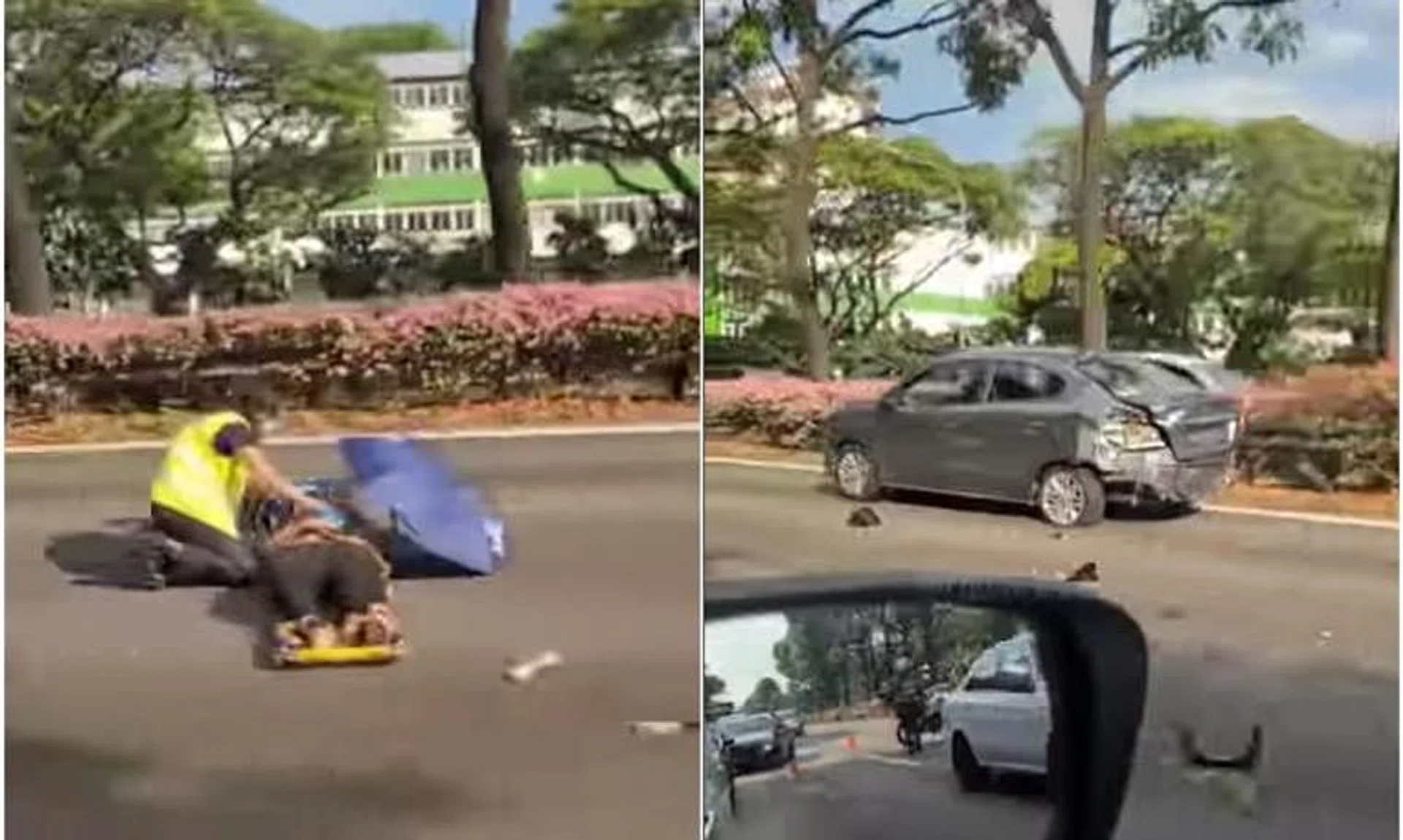 The accident involved a car, which is seen in a video with a badly dented boot.