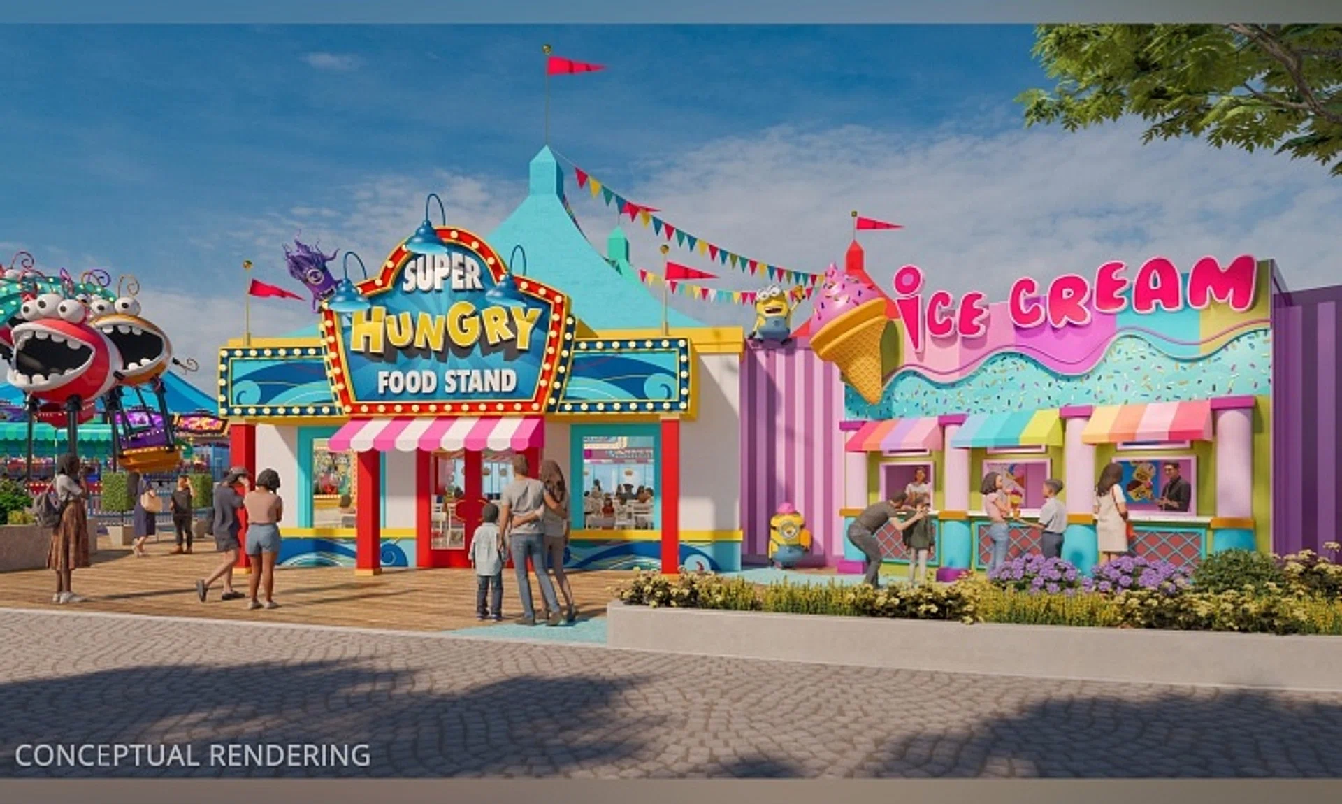 A conceptual rendering of the Super Hungry Food Stand, an all-new restaurant unique to Universal Studios Singapore.
