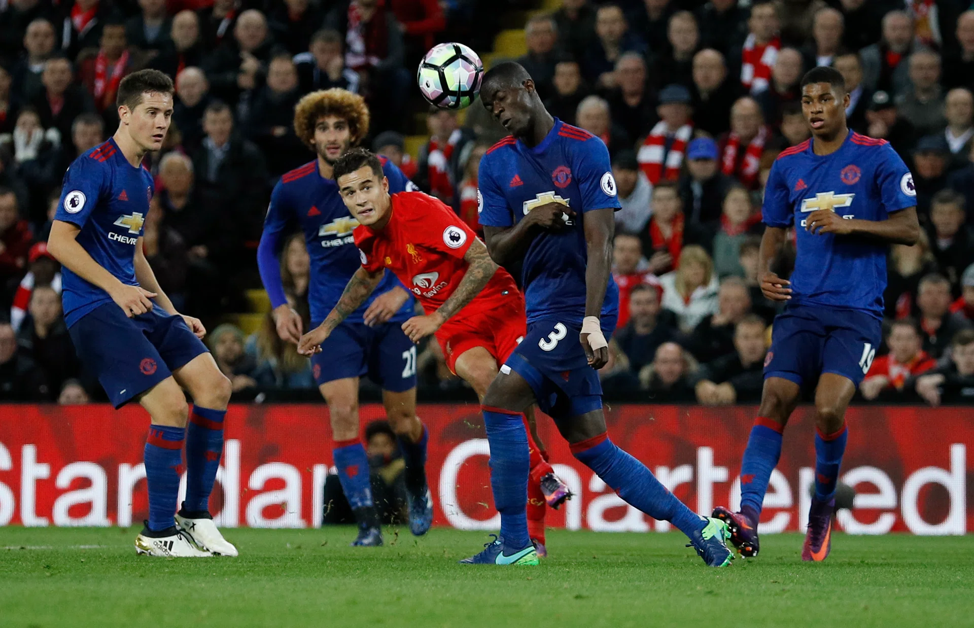 NULLIFIED: Liverpool's Philippe Coutinho attempting a shot, with Man United's (from left) Ander Herrera, Marouane Fellaini, Eric Bailly and Marcus Rashford in close attention.