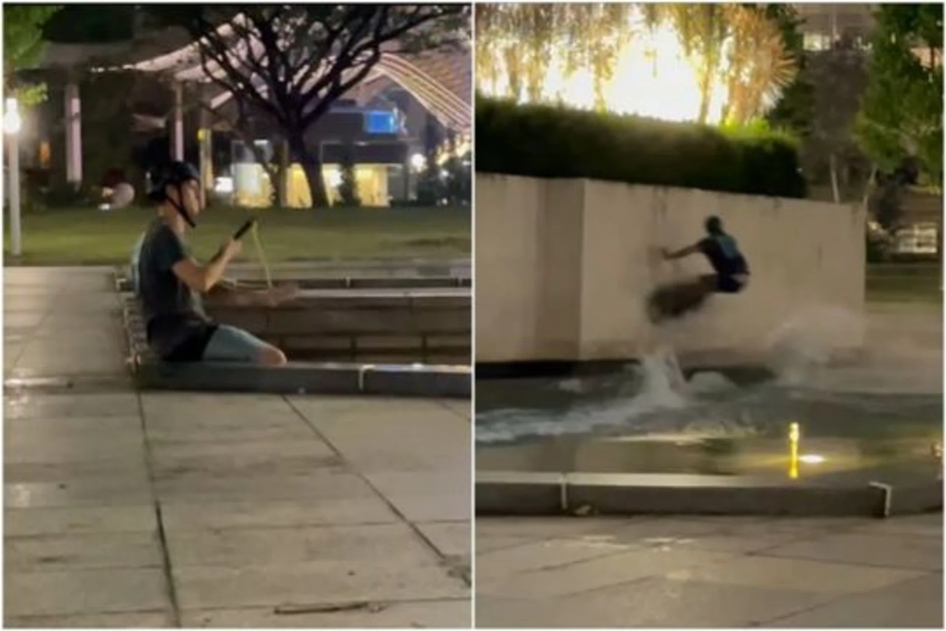 Stephan Kovalkov wakeboarded across the water feature and performed a "wall slide" - jumping into the air with his board and scraping it against the wall of the monument.