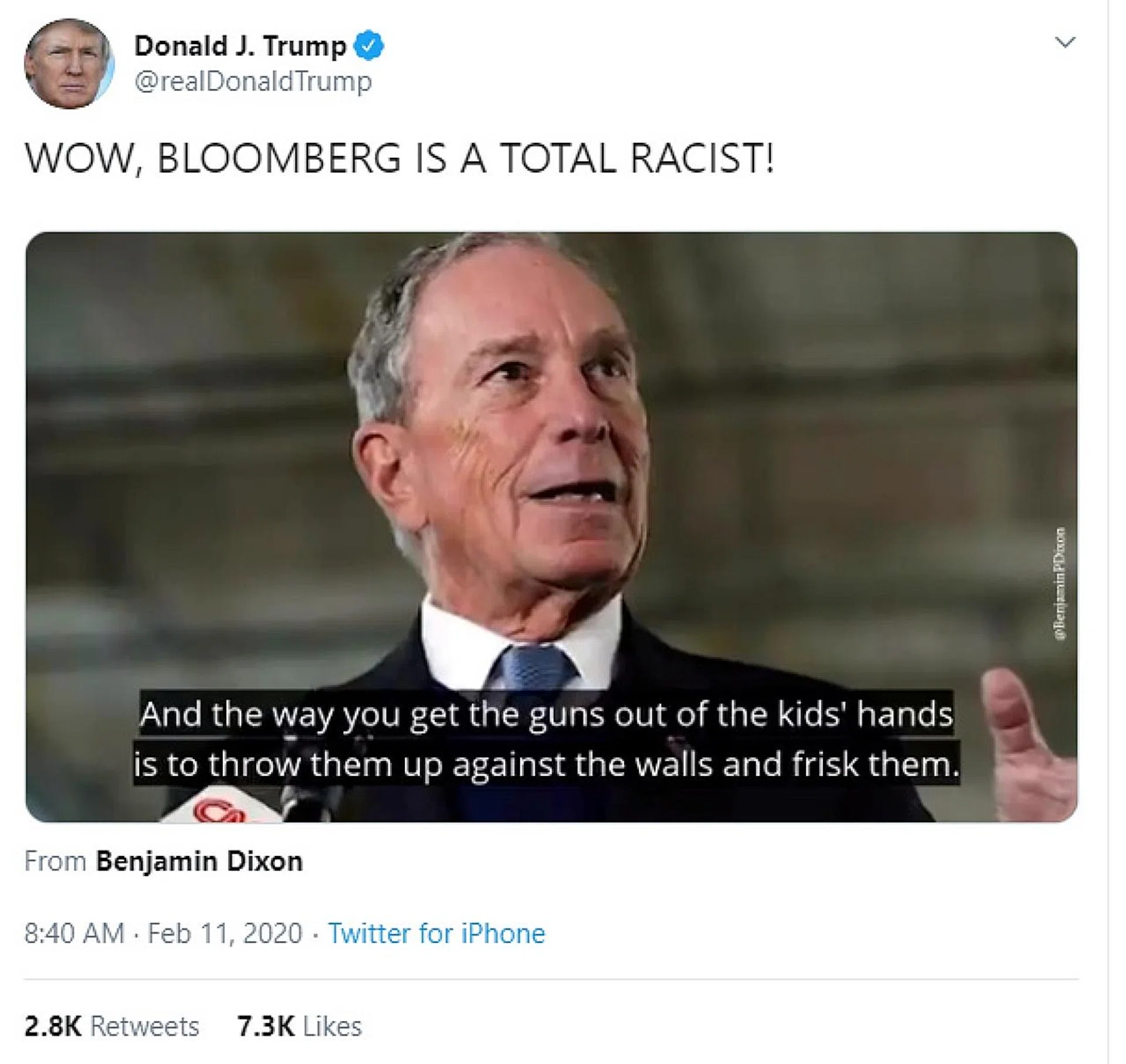 A tweet from US President Donald Trump's Twitter account lashing former New York City mayor Michael Bloomberg, who is seeking the Democratic Party nomination for the Nov 3 election. 