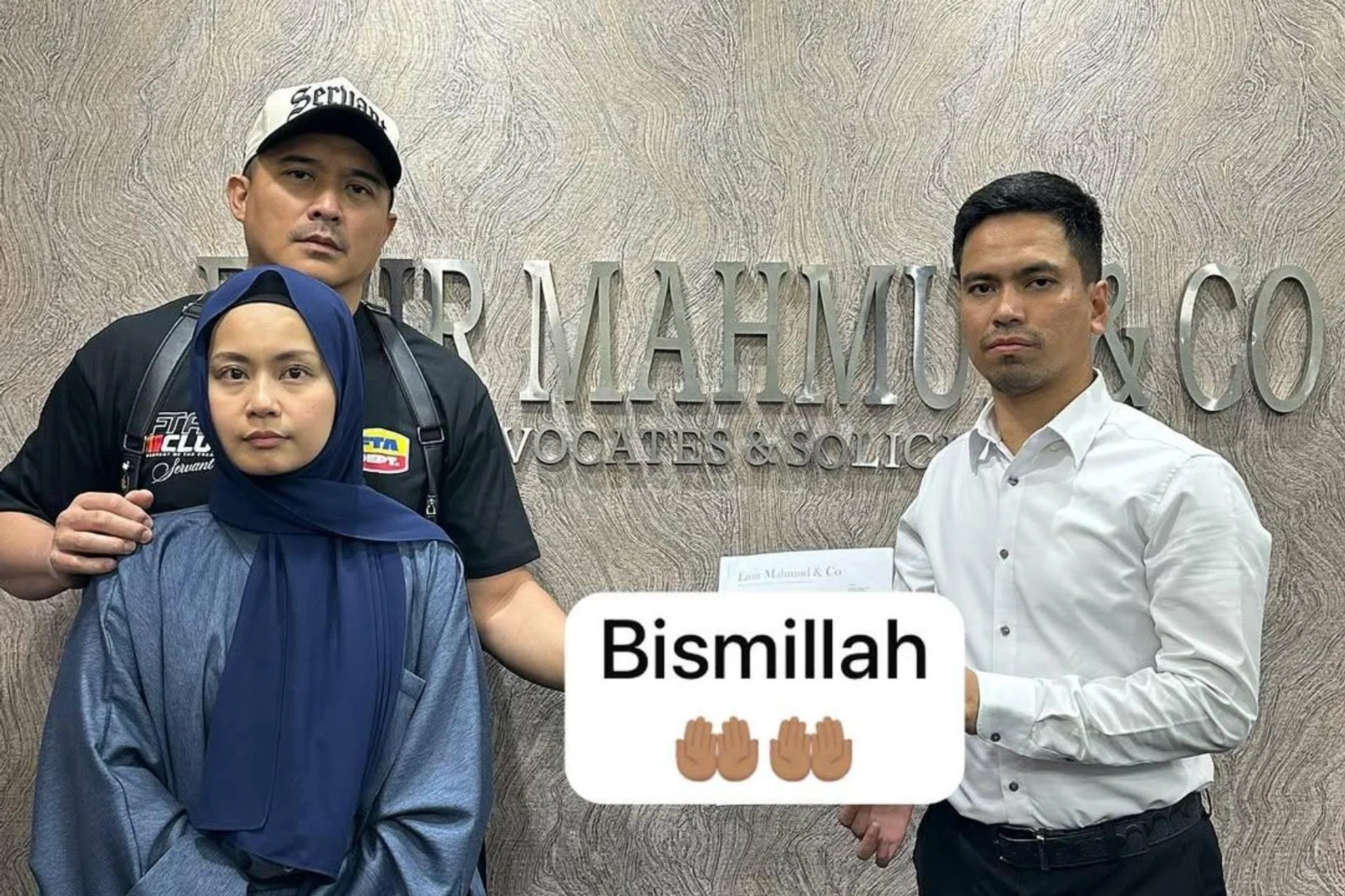 Malaysia-based Singaporean actor Aaron Aziz (left) with his wife Diyana Halik and their lawyer Mahmud Jumaat at Malaysian law firm Emir Mahmud & Co.  Aaron is taking legal action after his comments on Palestine, taken out of context, generated controversy among netizens.