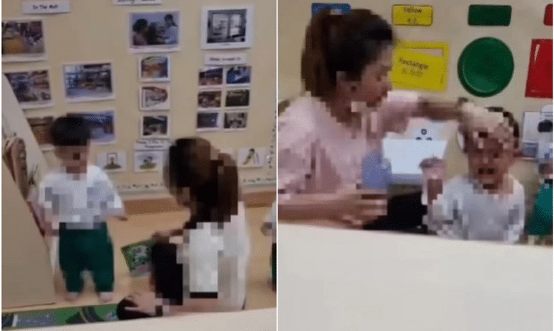 The teacher can be seen manhandling pre-schoolers in a series of video clips making its rounds online.