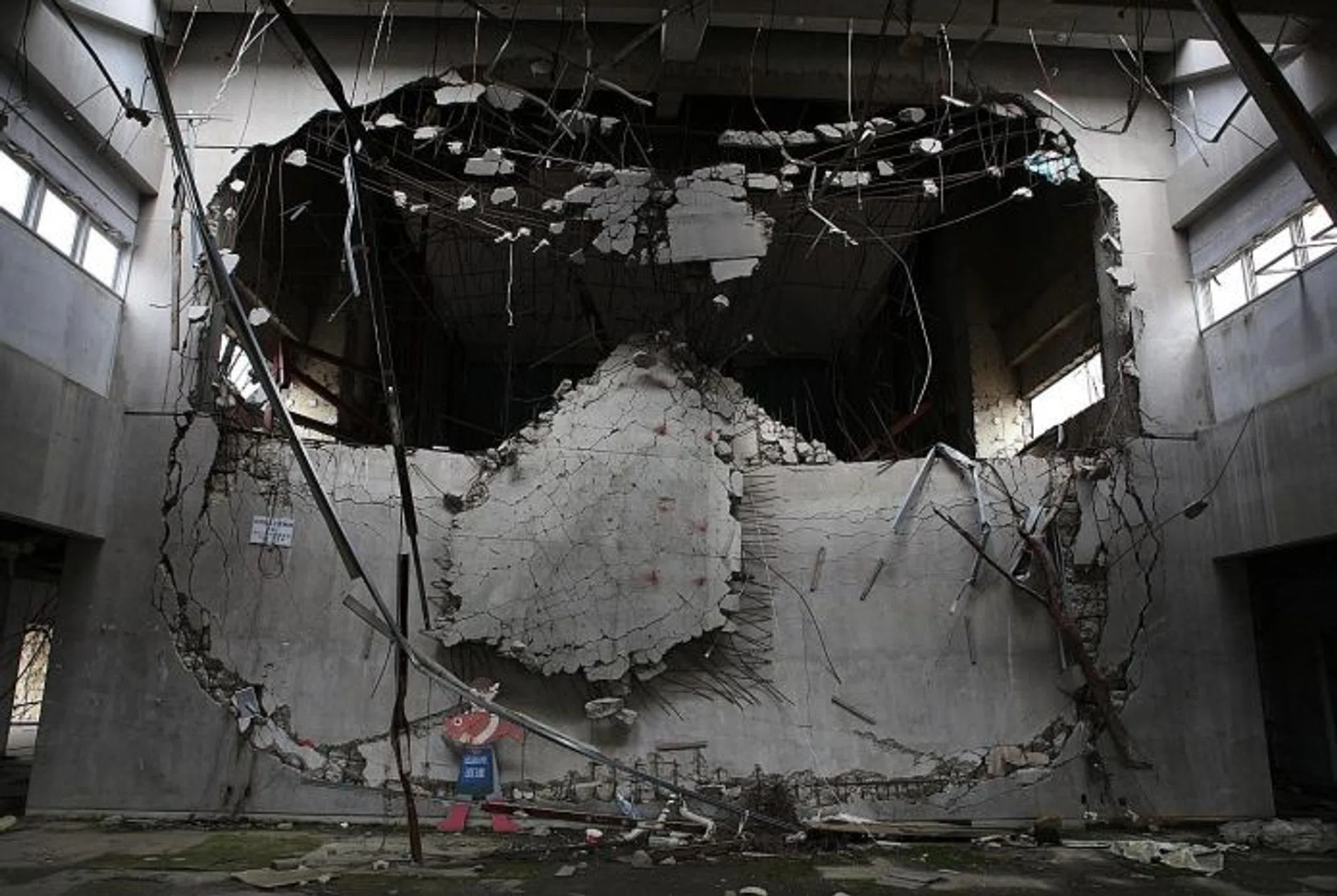 WELCOME: The destroyed service station in Rikuzentakata in Iwate Prefecture.