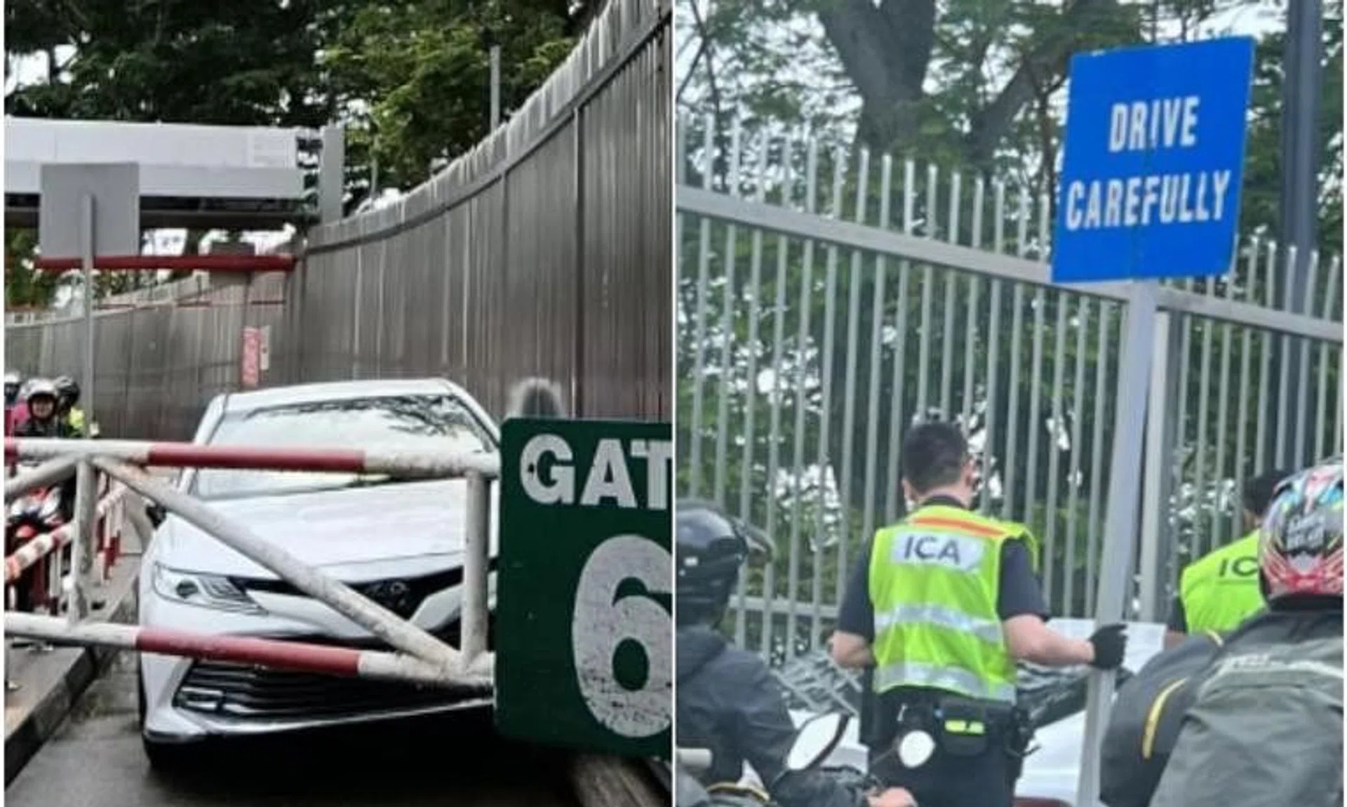 The white Toyota obstructed the lane, resulting in a queue of motorcycles forming behind it before ICA and traffic police officers led it out.