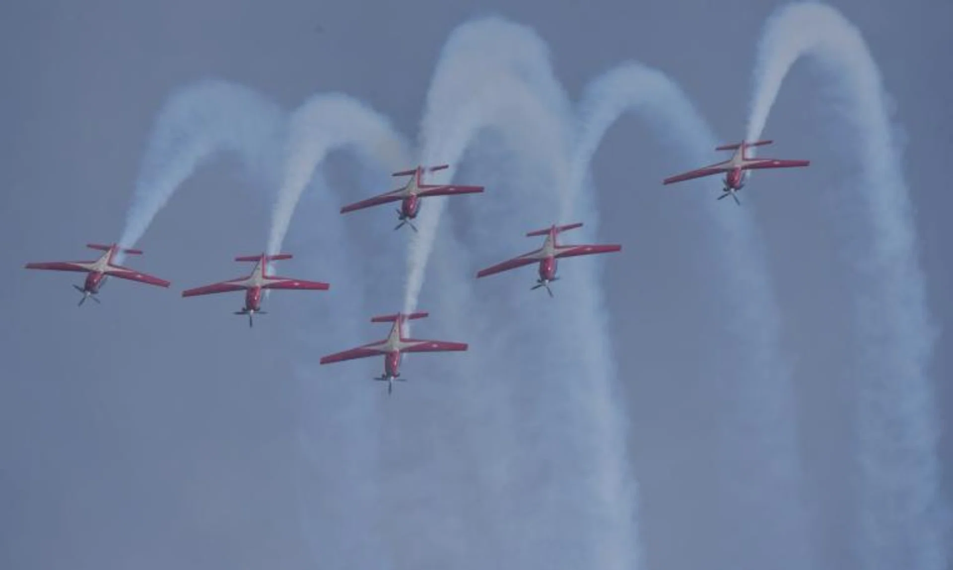 The Indonesian Airforce Jupiter Aerobatics Team's aerial display during the opening media conference of the Singapore Airshow, on Feb 13, 2022.