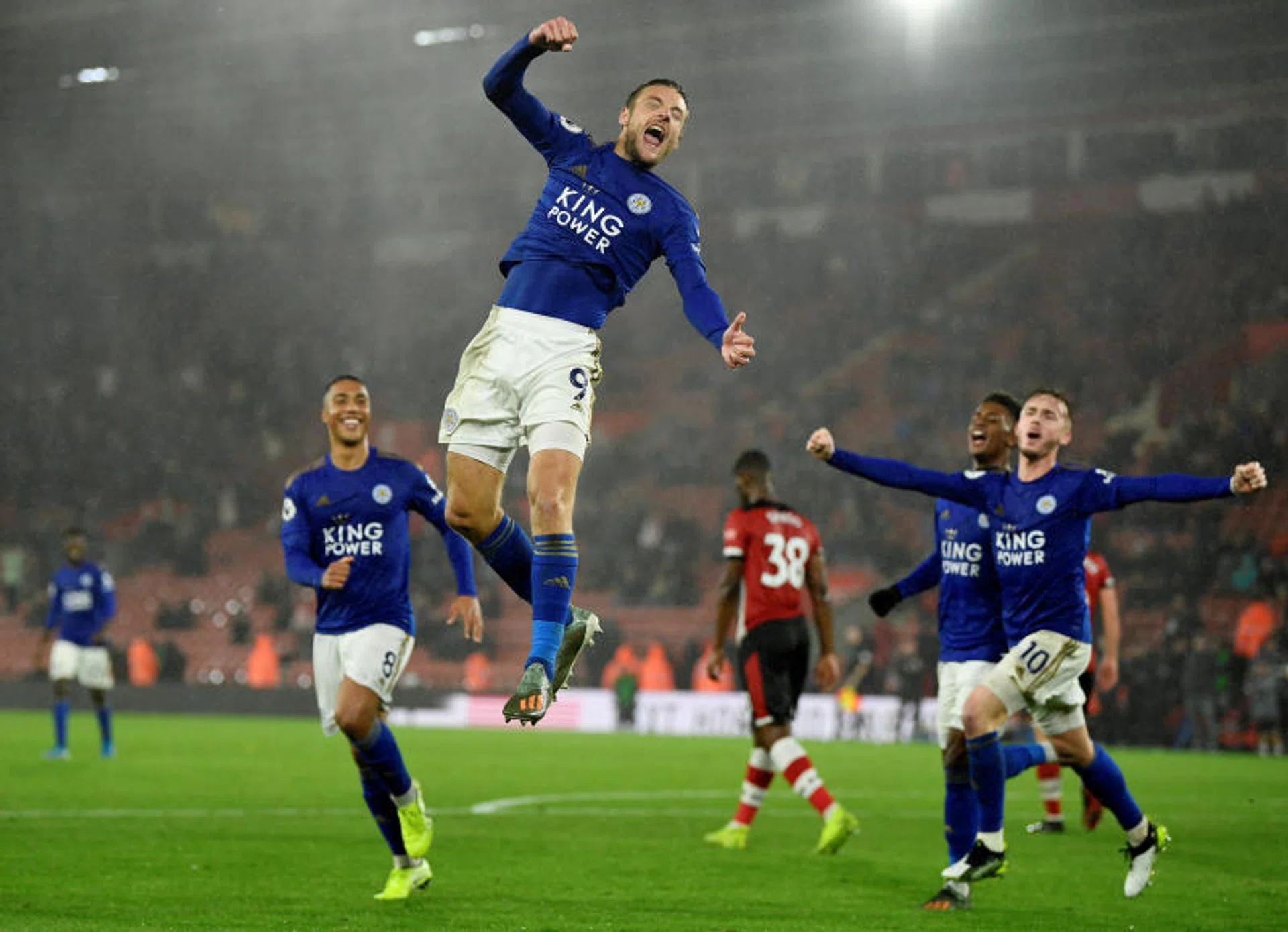 Leicester City's Jamie Vardy celebrates after completing his hat-trick.