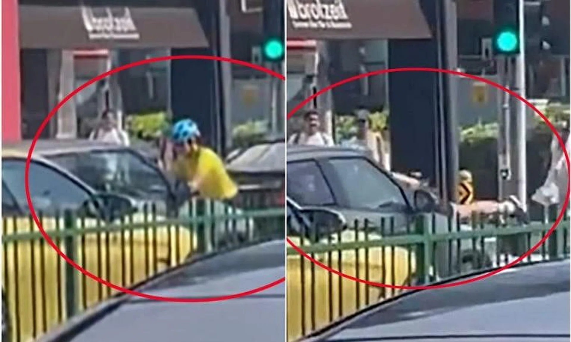 Footage on social media showed a grey car driving off with a female cyclist clinging onto it after the cyclist obstructed the driver's path.