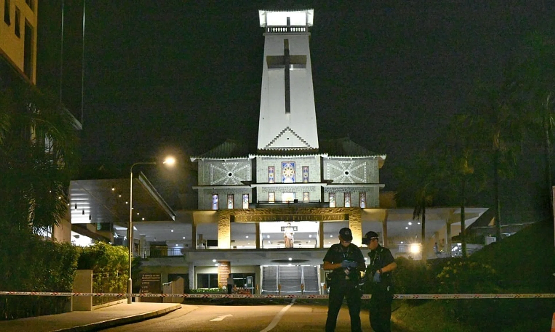 Police cordoning off the entrance of St Joseph’s Church in Bukit Timah after a stabbing incident on Nov 9.