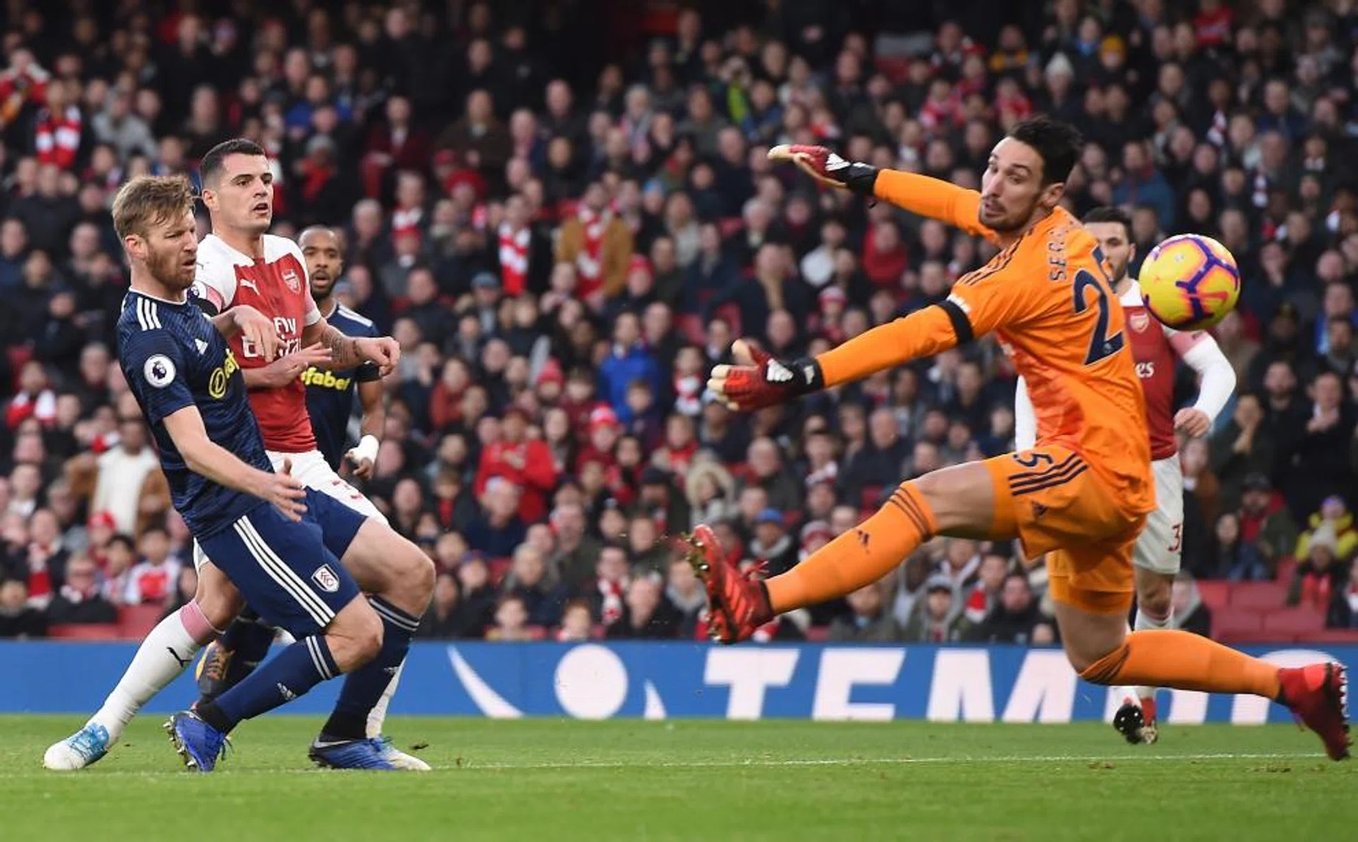 Granit Xhaka scoring the first goal for Arsenal.