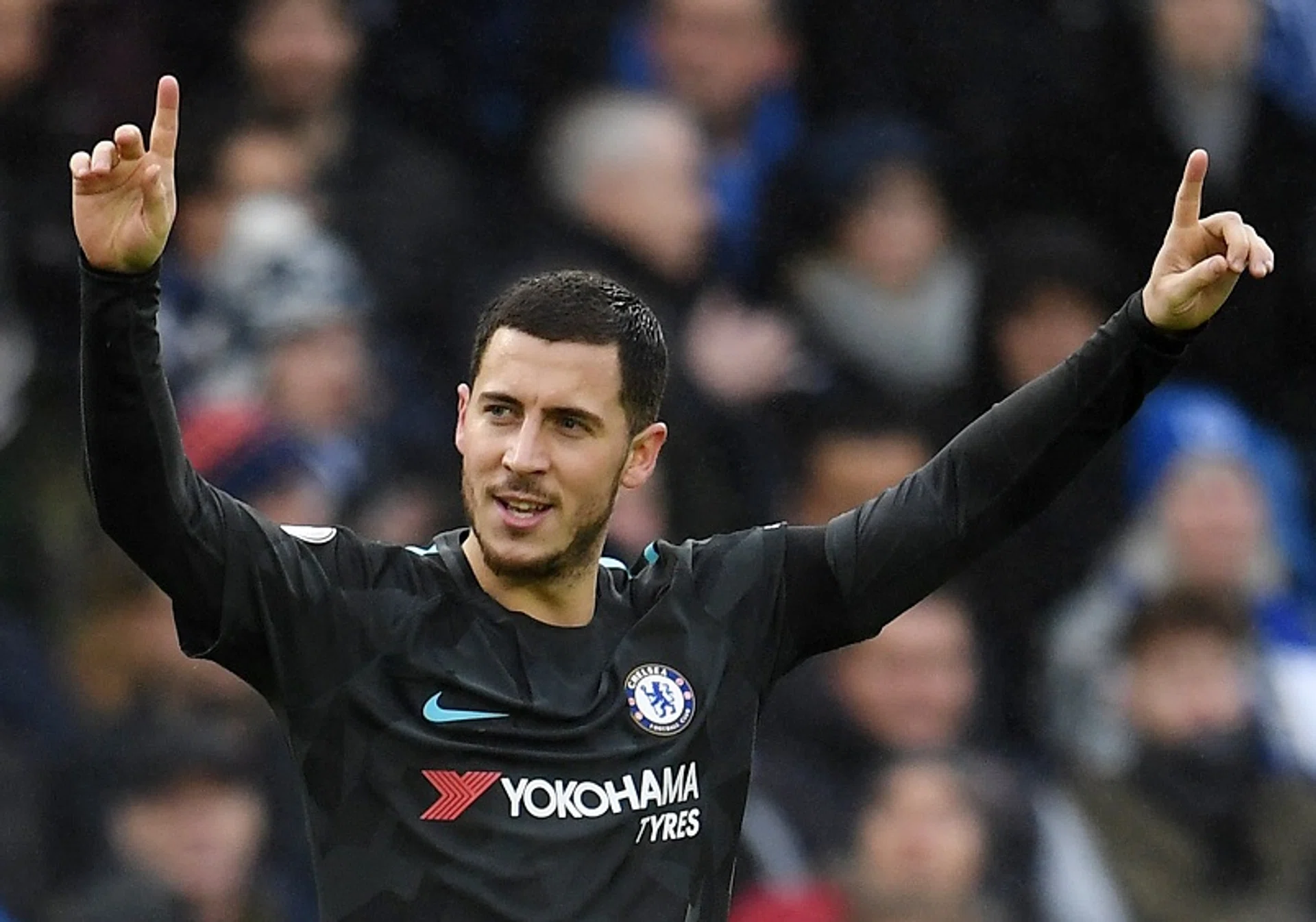 Chelsea's Eden Hazard celebrating after scoring against Brighton and Hove Albion on Saturday (Jan 20).