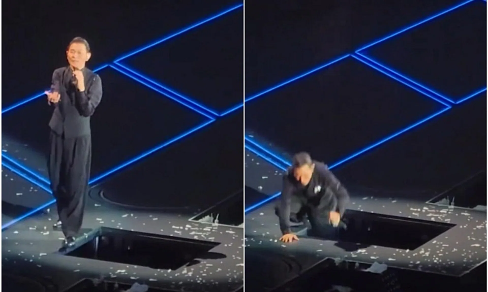 Superstar Andy Lau did not notice that a trapdoor had not closed and almost stepped into it.