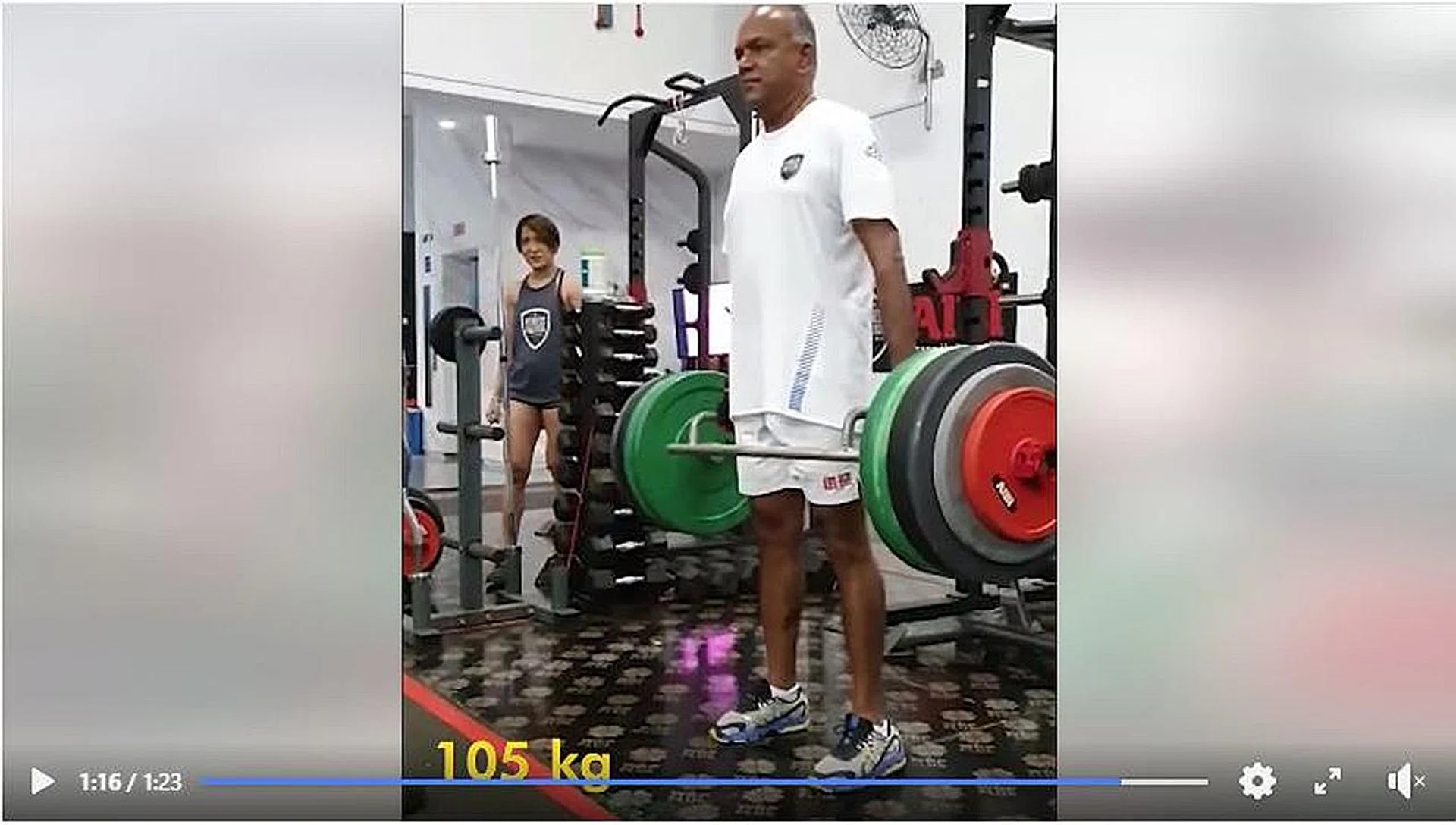 Screengrab of video that Law and Home Affairs Minister K. Shanmugam posted online showing him deadlifting 105kg. 