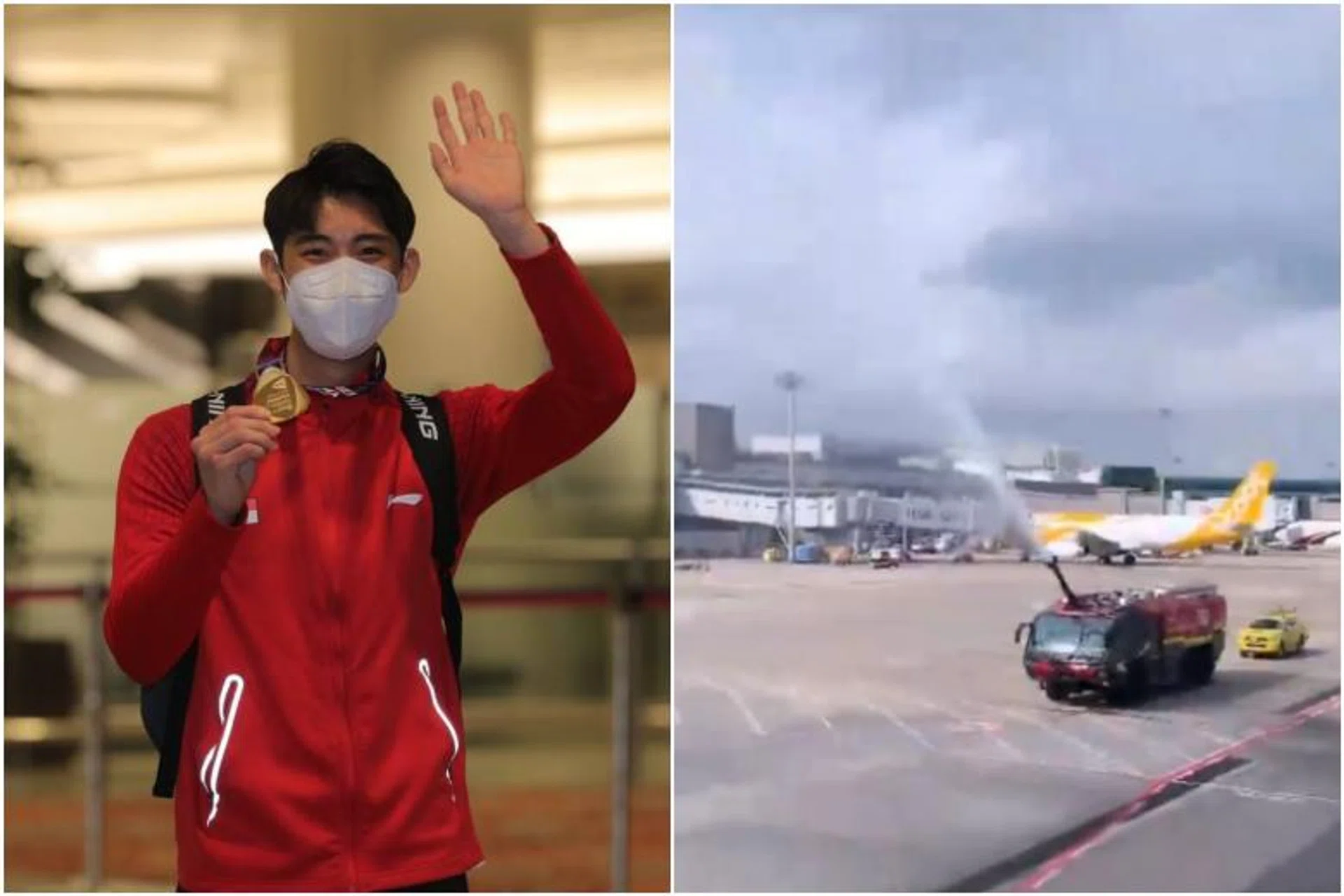 Loh Kean Yew enjoyed a water salute when his flight arrived at Changi Airport. 