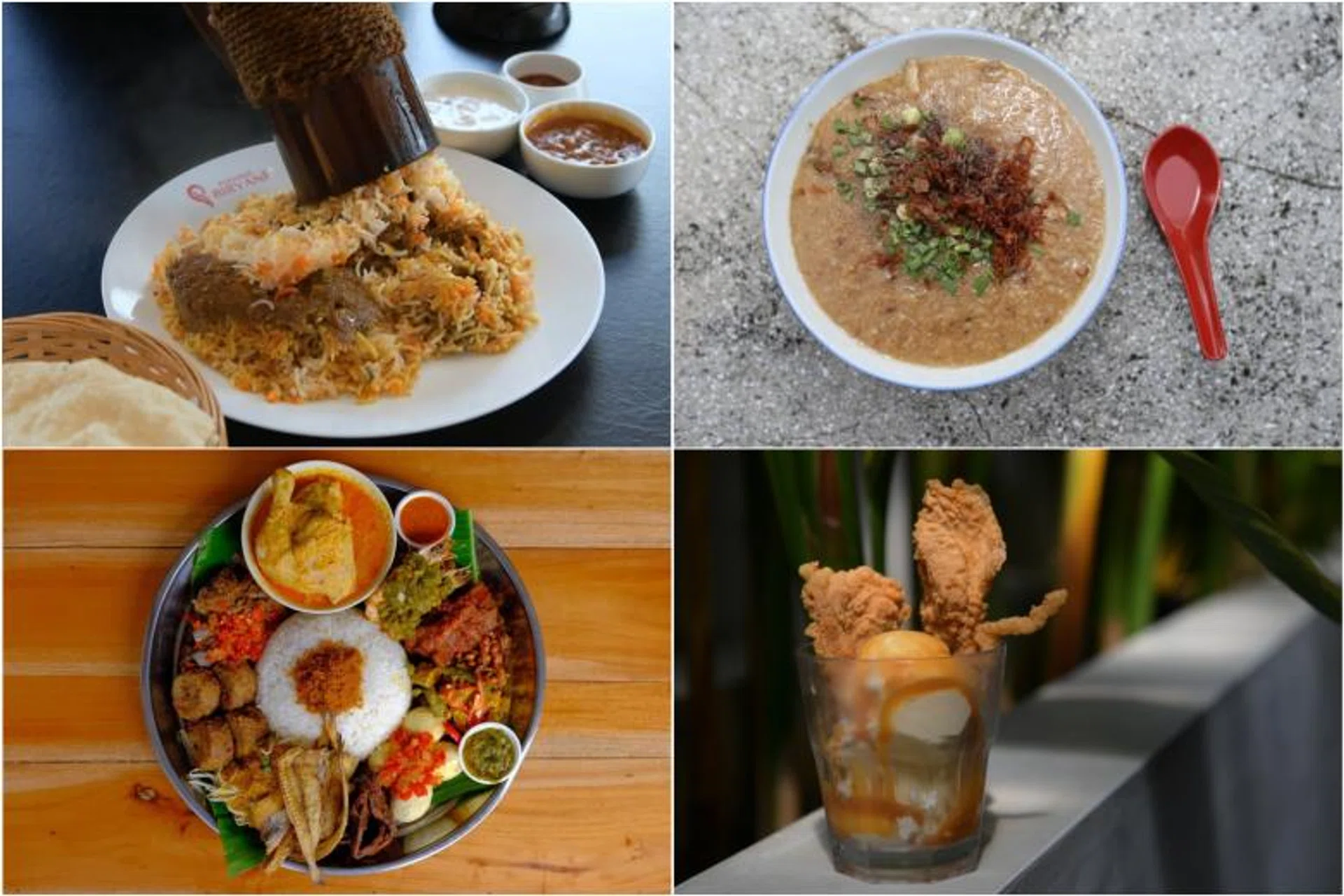 (Clockwise from top left) Mutton briyani from Paradise Biryani, Mixed Pig Organ Fried Porridge from Old World Bak Kut Teh Fried Porridge, Fried Chicken Aisi Kreme Cup from Tenderbest Makcik Tuckshop and Nasi Ambeng from Coba Coba.