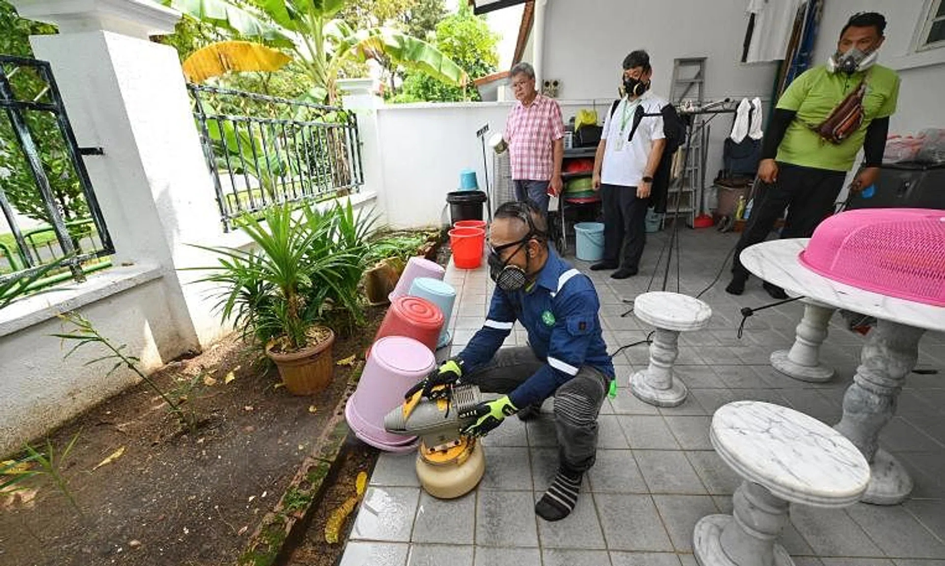 Pest control operators using ultra-low volume spraying to eliminate the adult mosquitoes.