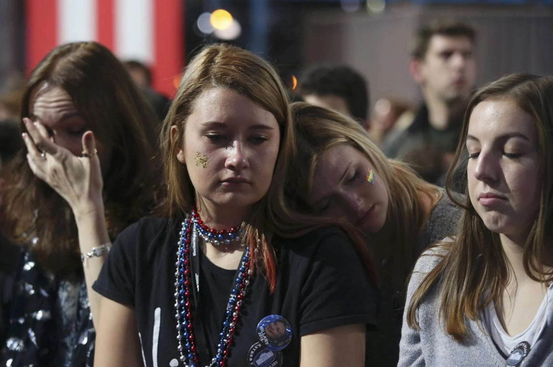 Supporters of Democratic U.S. presidential nominee Hillary Clinton react at the election night rally in New York.