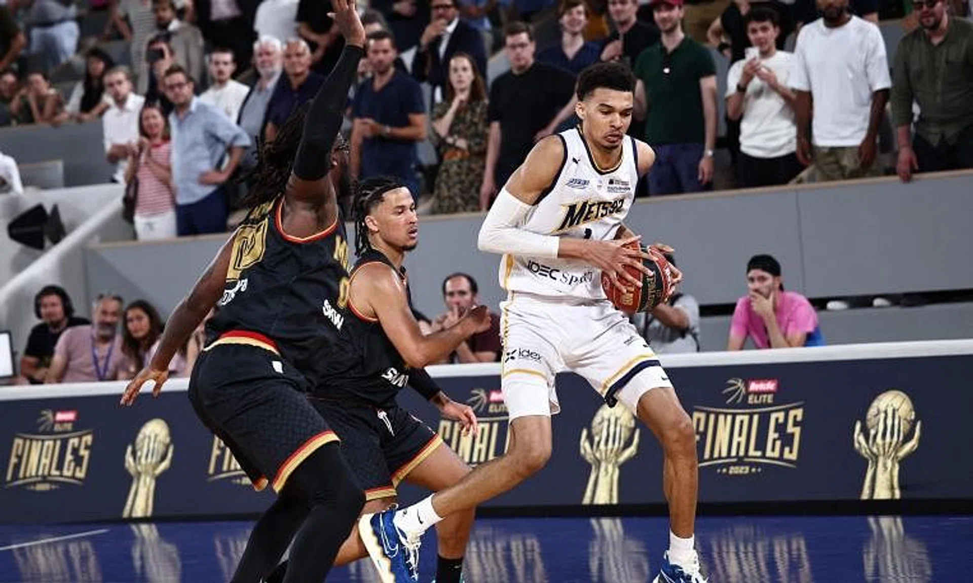 Metropolitan 92 centre Victor Wembanyama (right) during game three of French Elite basketball final against Monaco in Paris, on June 15, 2023.