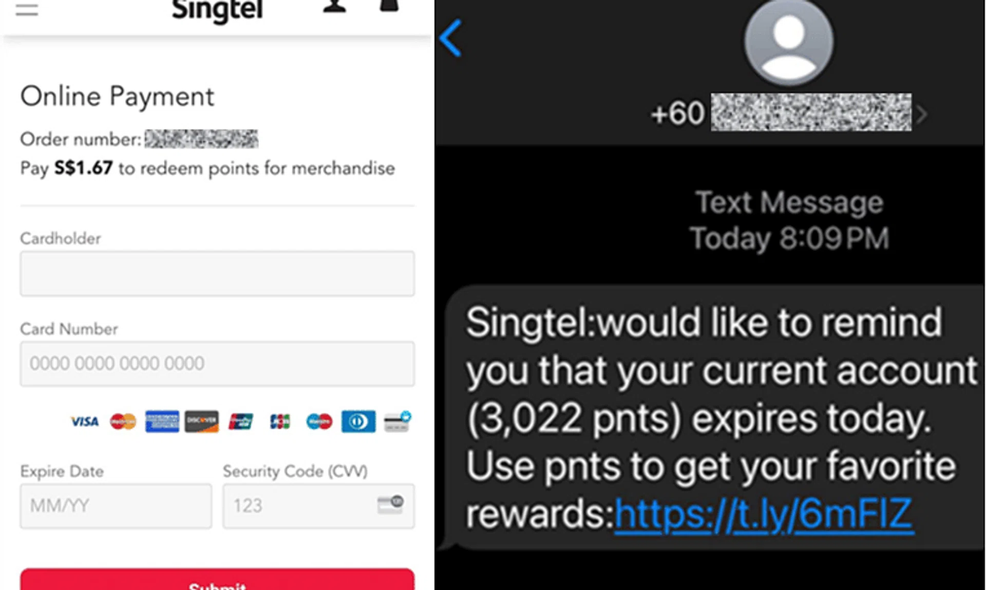 Victims received SMS messages informing them of expiring Singtel points and were directed to a phishing website. 