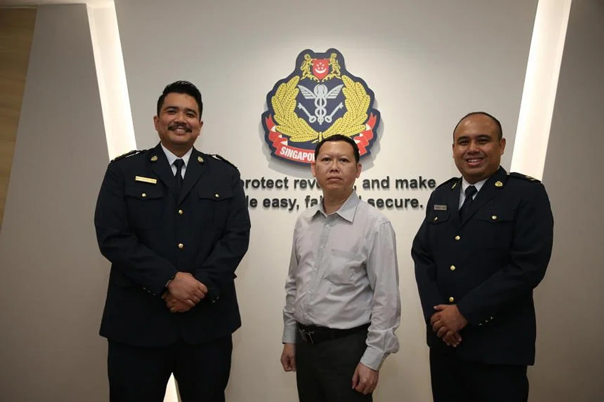 (From left) Deputy Chief Superintendent of Customs Muhammad Suffyan Tumadi, Chief Superintendent of Customs Yeo Ban Meng and Higher Superintendent of Customs Muhammad Firdaus Roslan. 
