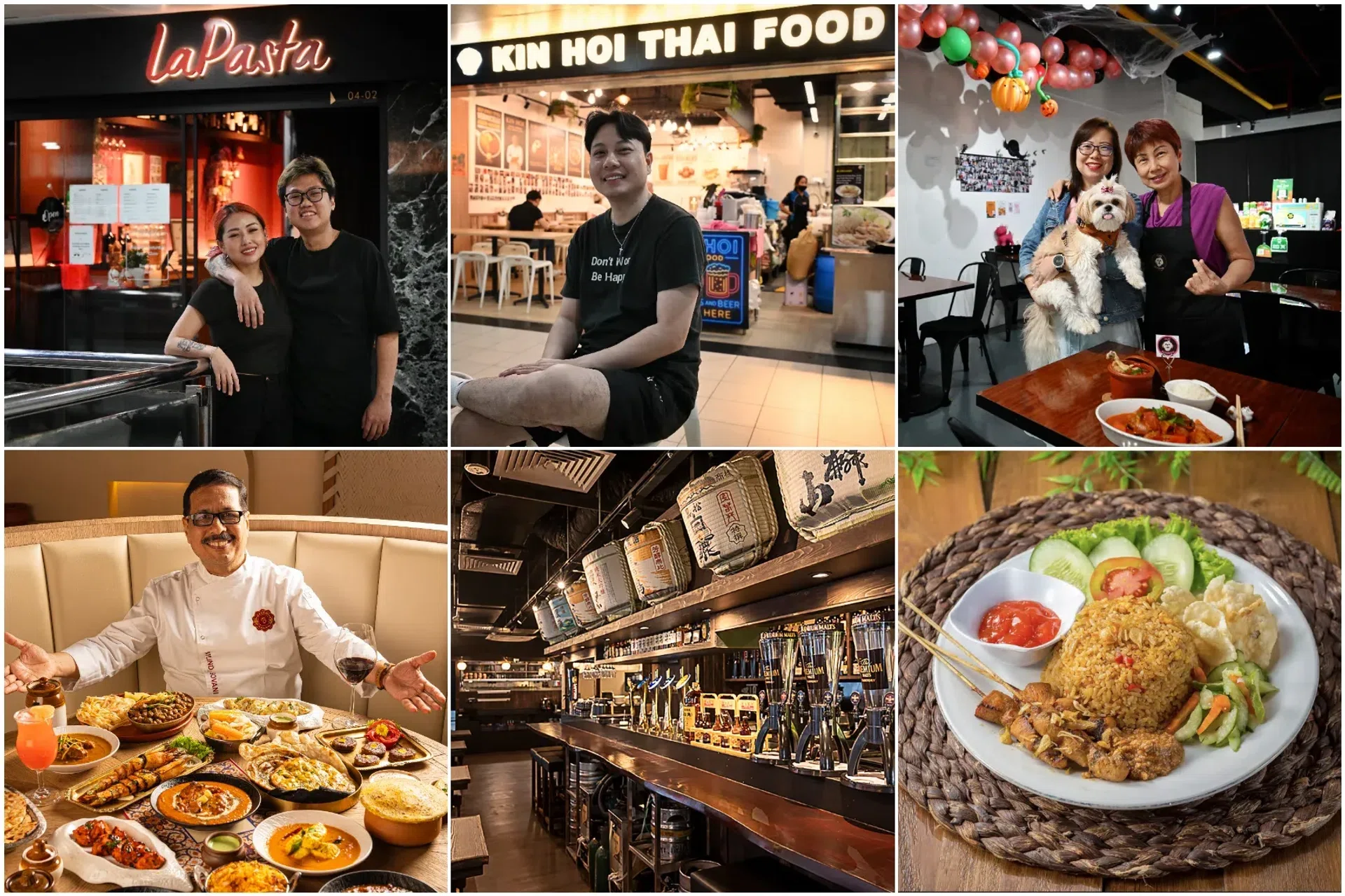 Here are six restaurants to check out at Orchard Towers – (clockwise from top left) La Pasta, Kin Hoi Thai Food, Cafe Blossom, Ibu Sarah Kitchen, Kukai Orchard and Bhoomi by Milind Sovani. 