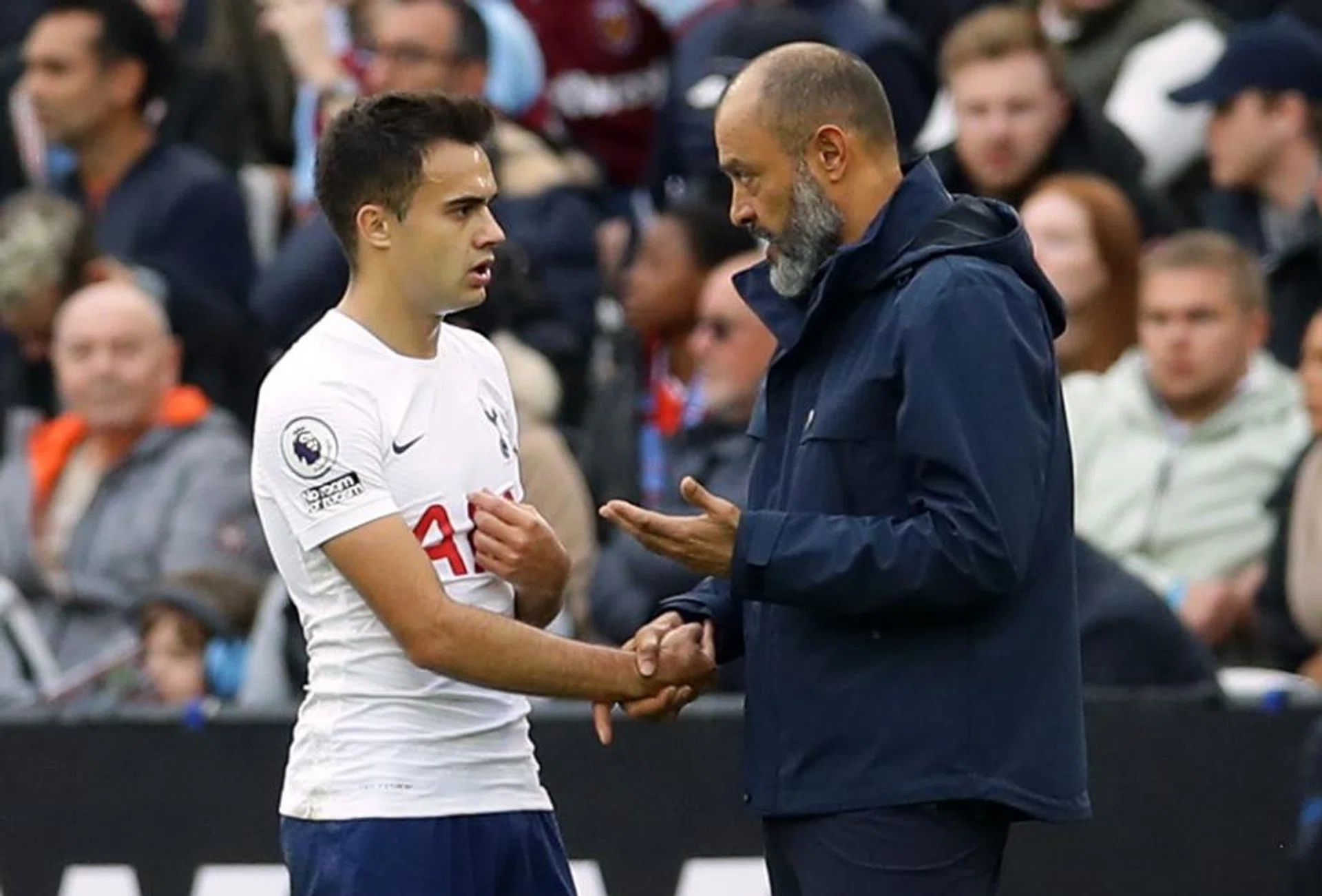 Tottenham Hotspur boss Nuno Espirito Santo (right) giving instructions to Sergio Reguilon  during last Sunday’s 1-0 defeat at West Ham United.