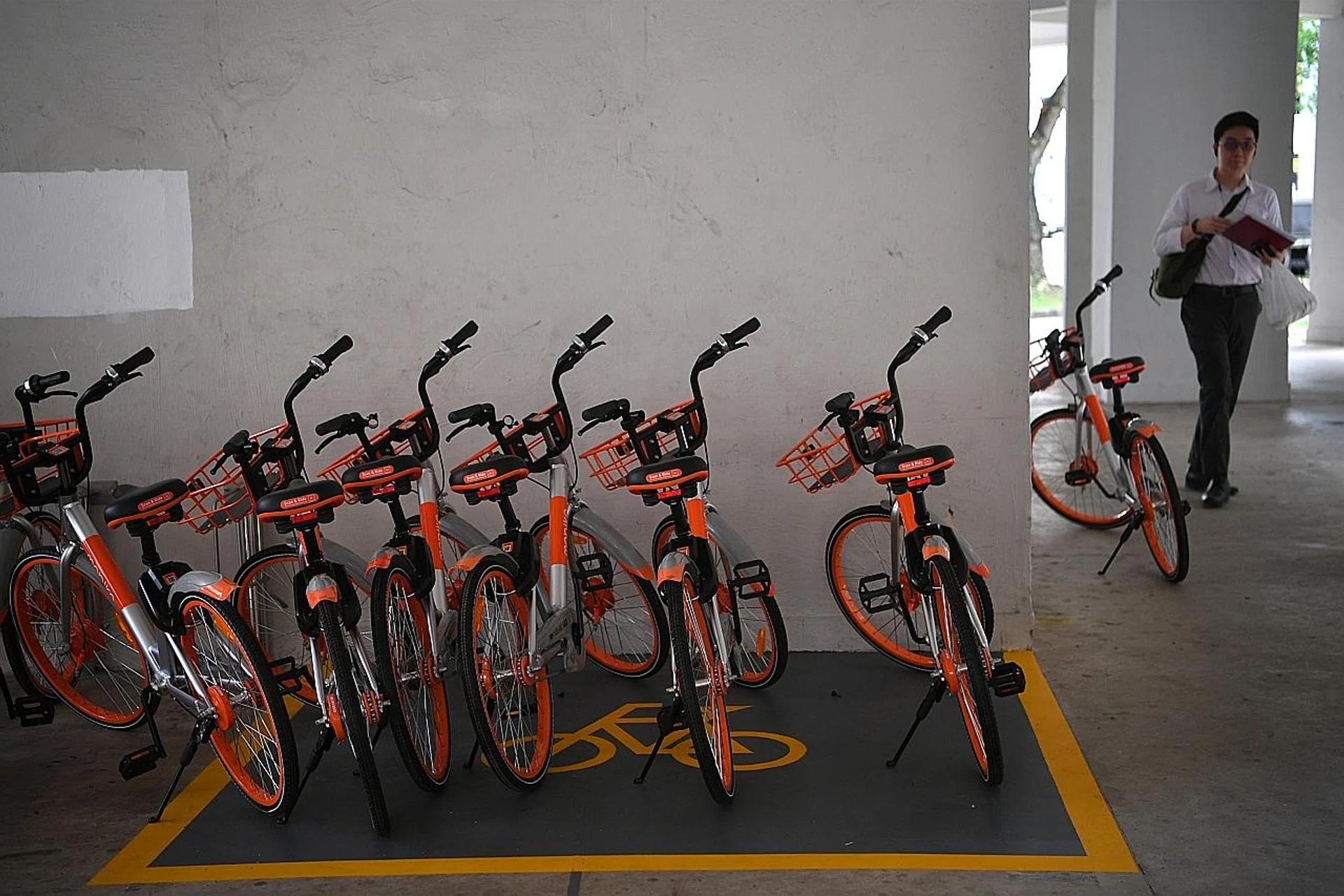 Mobikes parked at a void deck. 