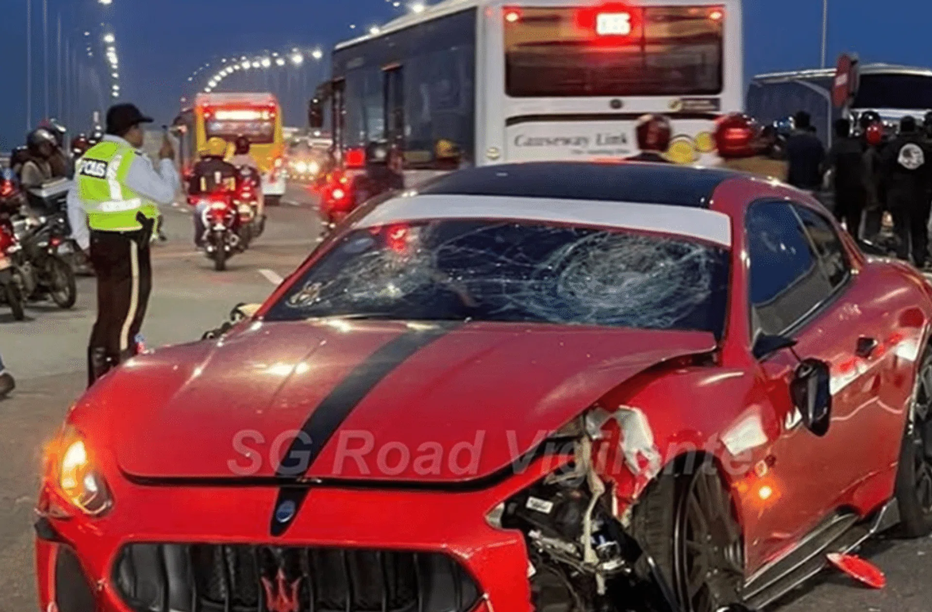A screengrab from footage posted online shows the car with a shattered windscreen and a damaged bonnet.