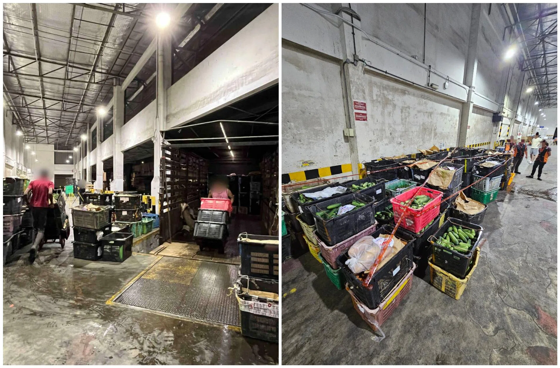 Truck drivers unloading imports for inspection (left), and illegal food imports seized by the SFA.