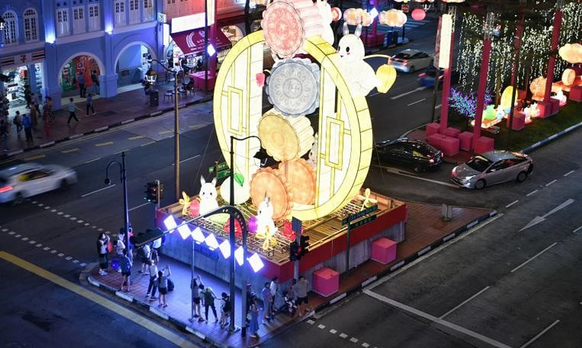 The main centrepiece in Eu Tong Sen Street is a 10m-tall sculpture of snowskin mooncakes accompanied by jade rabbits.