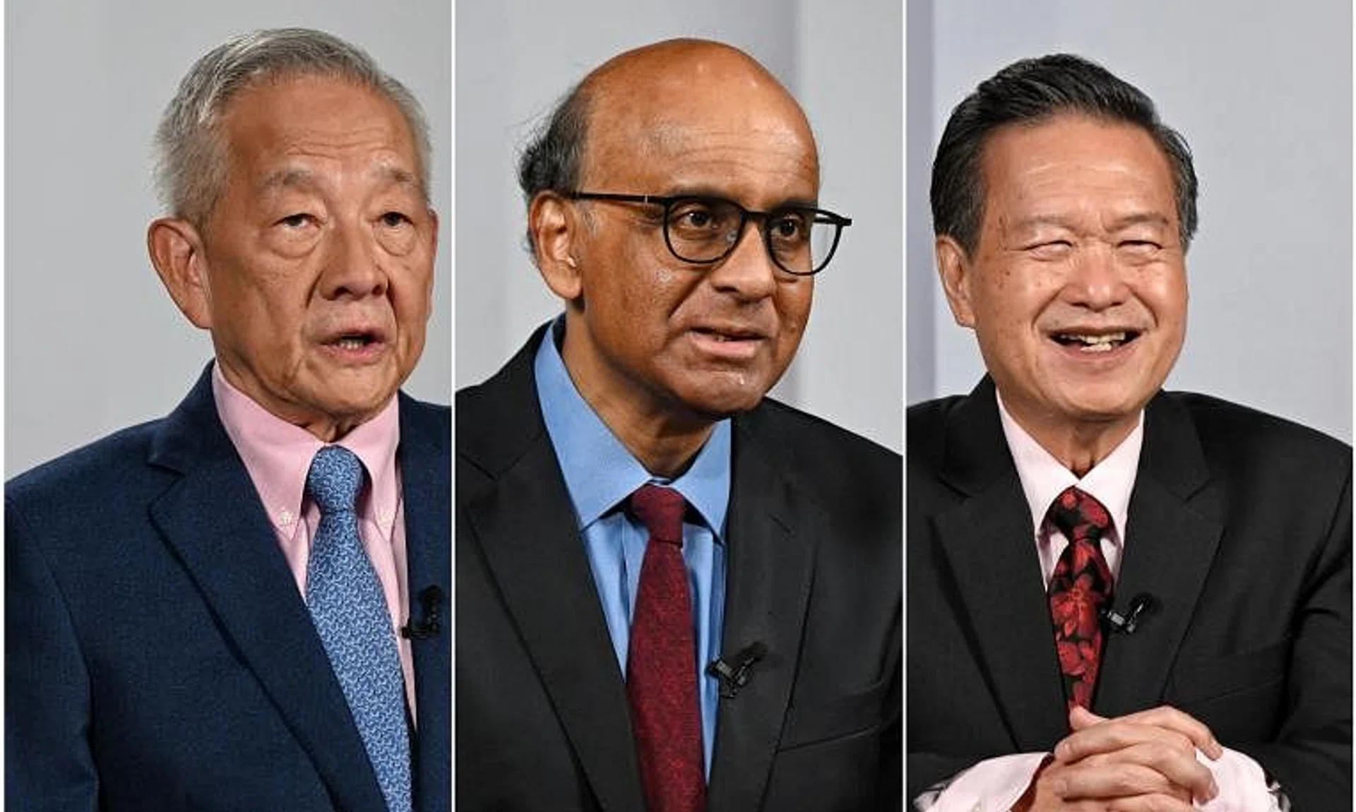 (From left) Mr Ng Kok Song, Mr Tharman Shanmugaratnam and Mr Tan Kin Lian in their final presidential candidate broadcasts before Cooling-off Day.