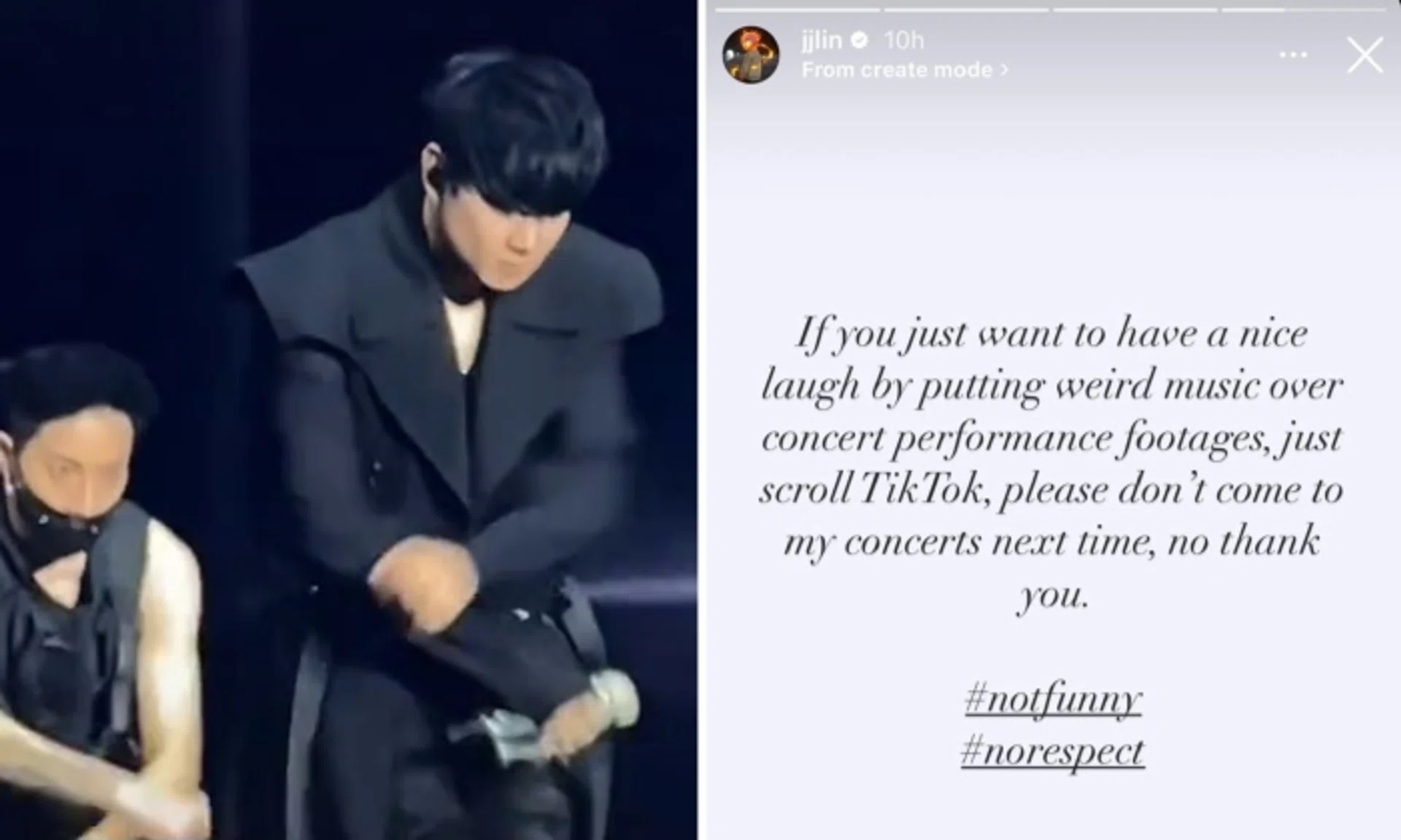 JJ Lin went online to chide those who made videos mocking his dance moves at his concert last month in China. 