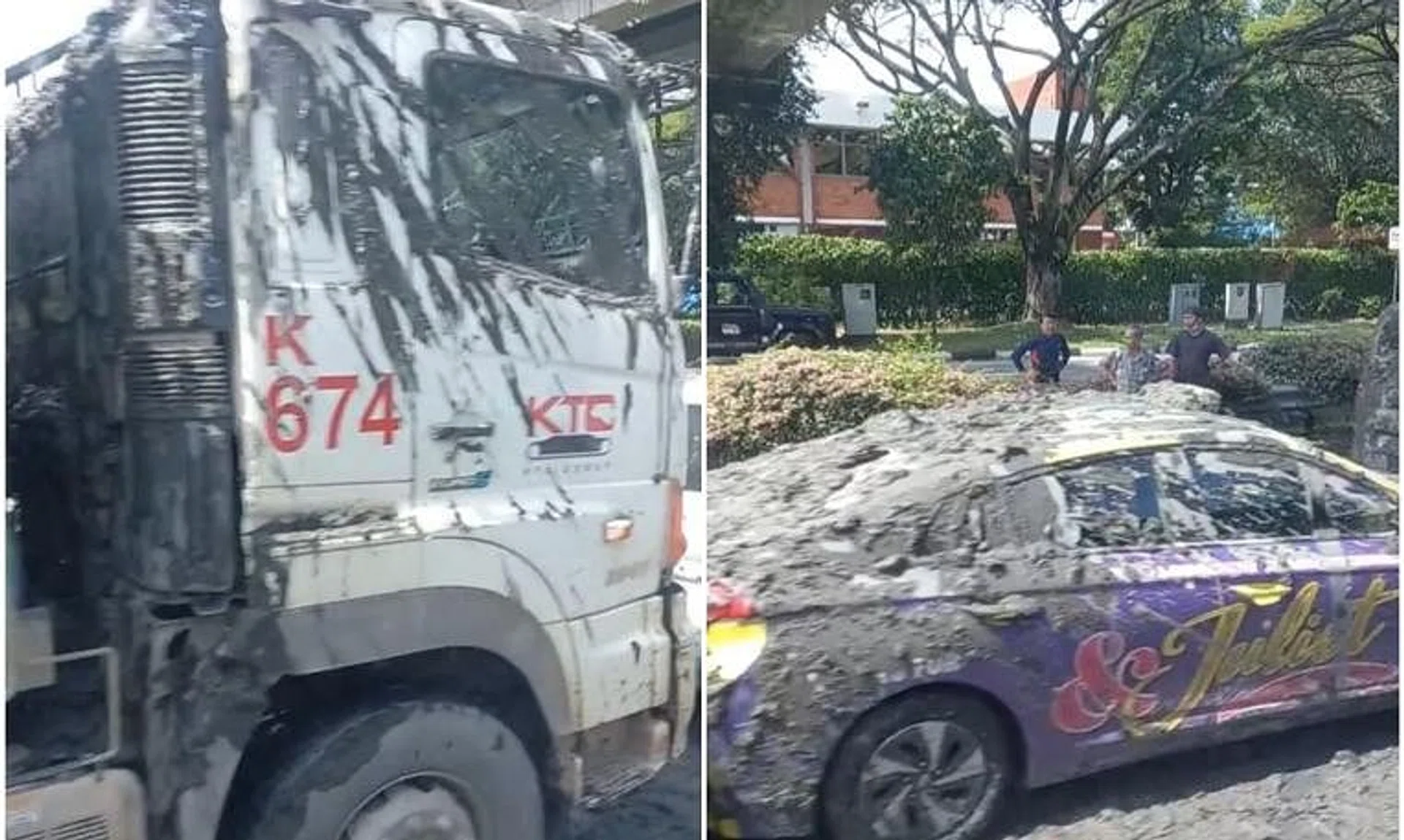 The accident involved two tipper trucks, two vans and a taxi, and left what appeared to be cement spilt on four of the vehicles and the road.