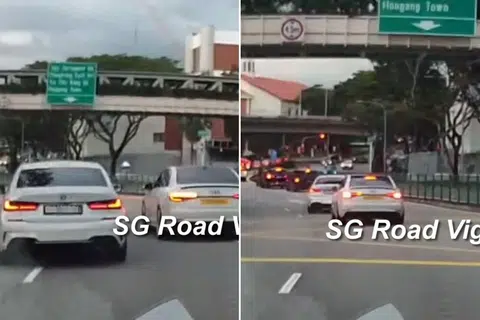 Speeding BMW rear-ends car after aggressive lane change in Paya Lebar