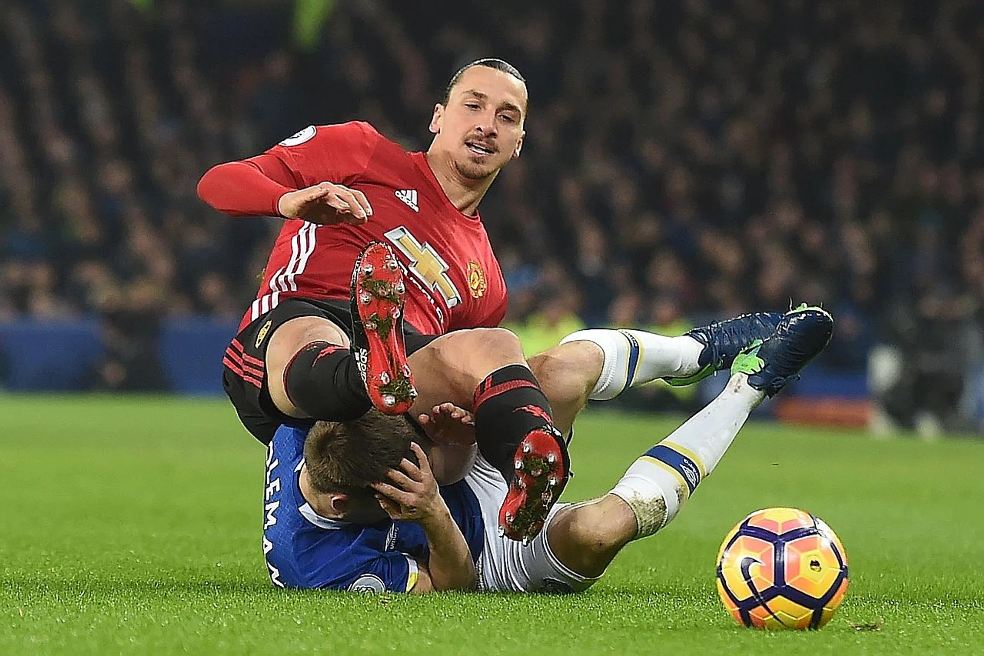 Manchester United striker Zlatan Ibrahimovic (in red) catches Everton defender Seamus Coleman as they fall to the floor.