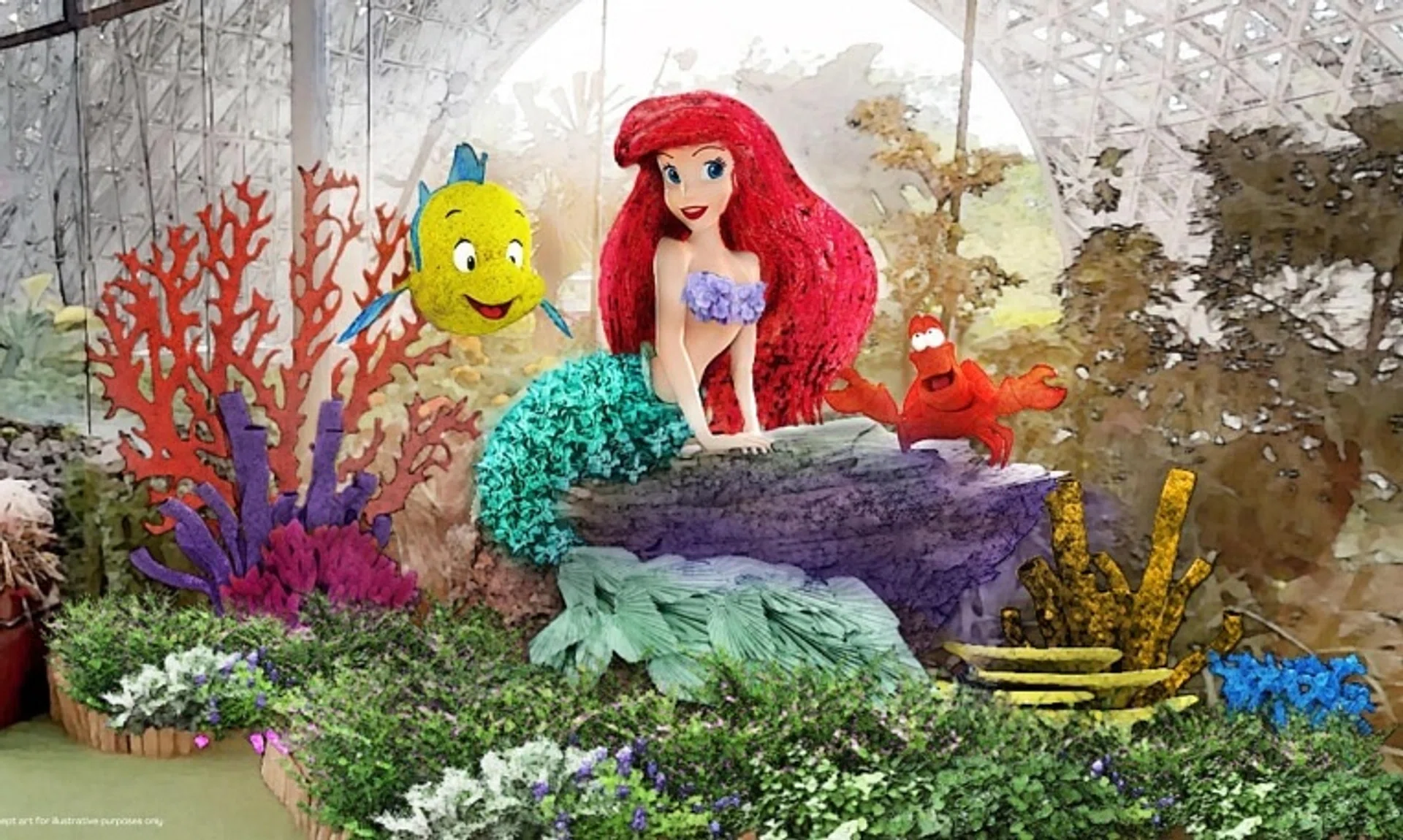 Disney and Pixar characters, like The Little Mermaid's Ariel and Flounder, will be presented as topiaries at Gardens by the Bay's Floral Fantasy.