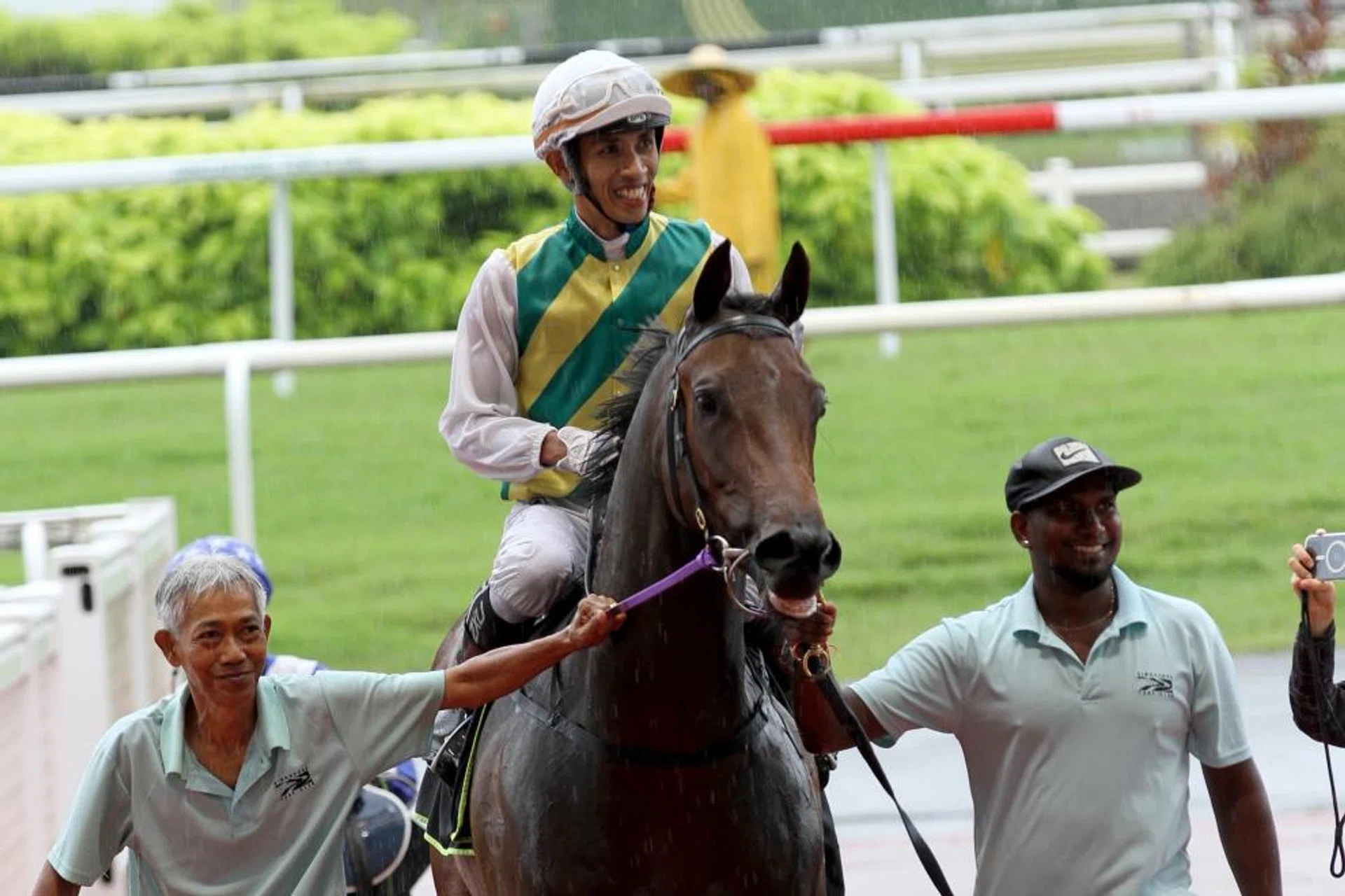 Sazali Ramli celebrating after his much-awaited win aboard Stop The Water for his boss Steven Burridge in the Class 4 race (1,400m) on Aug 4. The apprentice's only other win came aboard Kevin Eleven in 2016.
