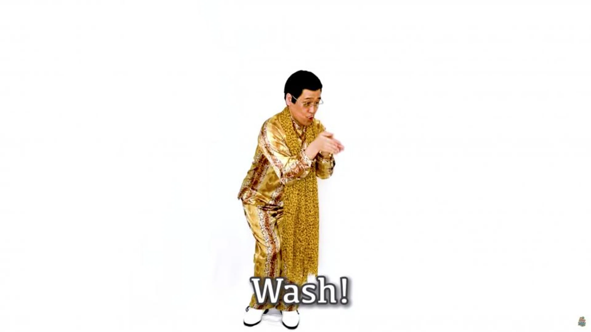 Japanese entertainer Kazuhito Kosaka, portrayed as Pikotaro, performs a hand-washing song, amid the coronavirus disease (COVID-19) outbreak, in this still image taken from a recently released video, obtained by Reuters April 6, 2020. 