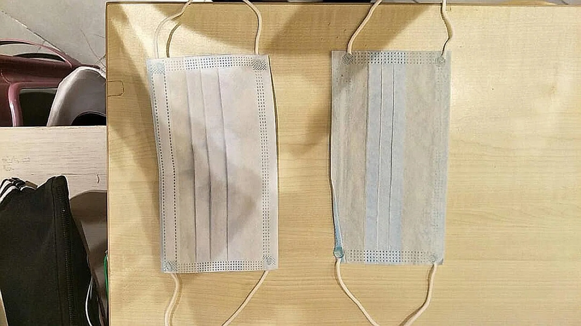 Comparing a standard mask from pharmacies (left) and a low-quality single-ply one. 