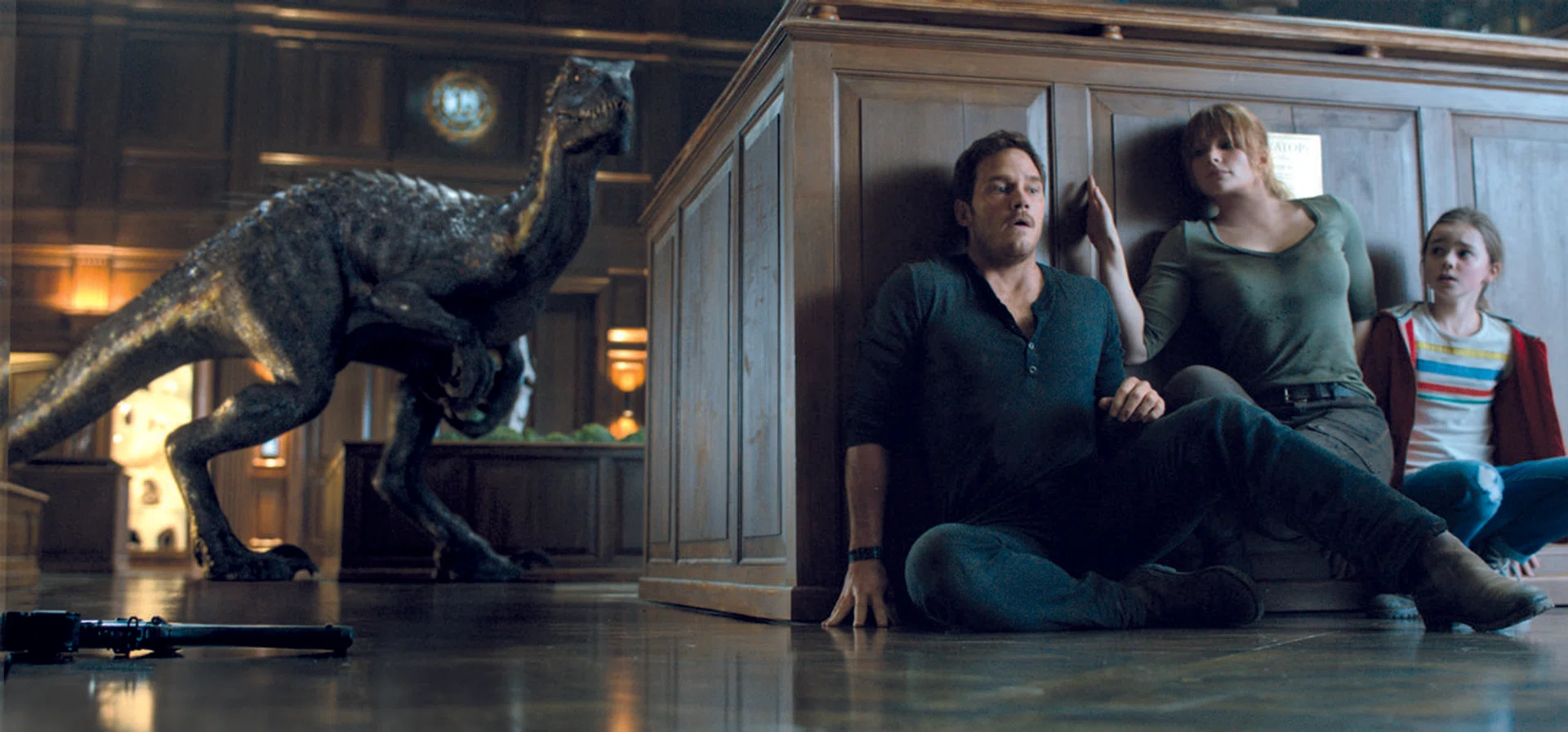 Chris Pratt, Bryce Dallas Howard and Isabella Sermon in Jurassic World: Fallen Kingdom. 