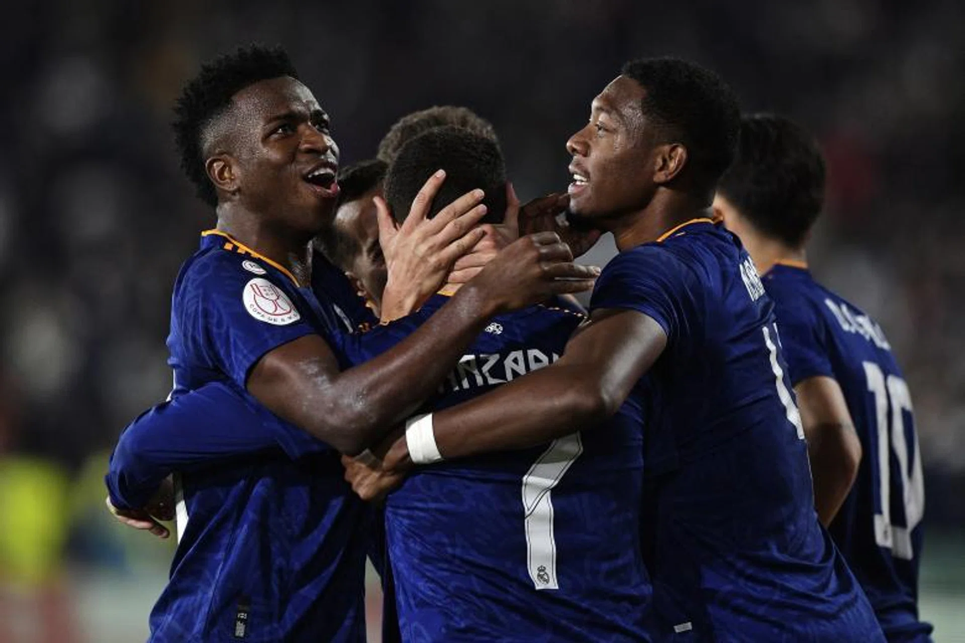 Real Madrid's Eden Hazard celebrates scoring their second goal with teammates.