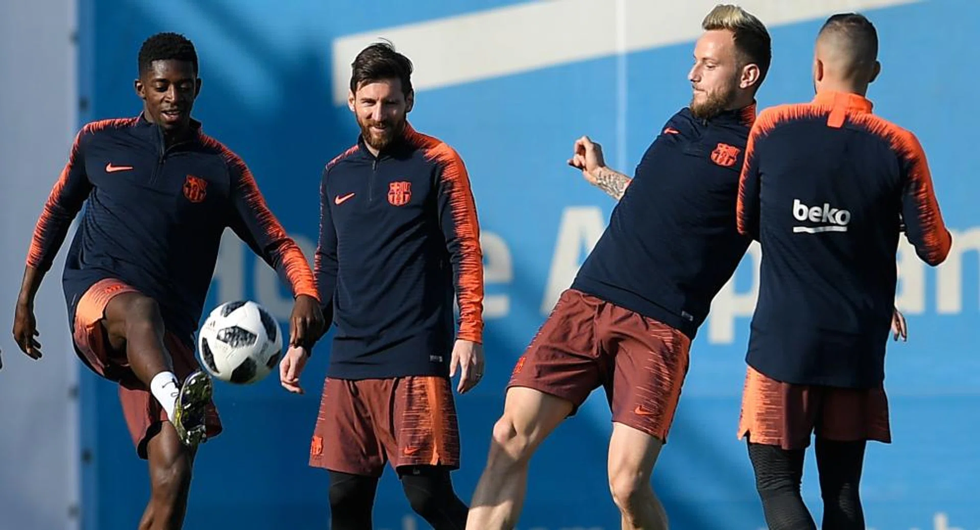(From left) Barca's Ousmane Dembele, Lionel Messi, Ivan Rakitic and Jordi Alba preparing for their Copa del Rey final against Sevilla. 
