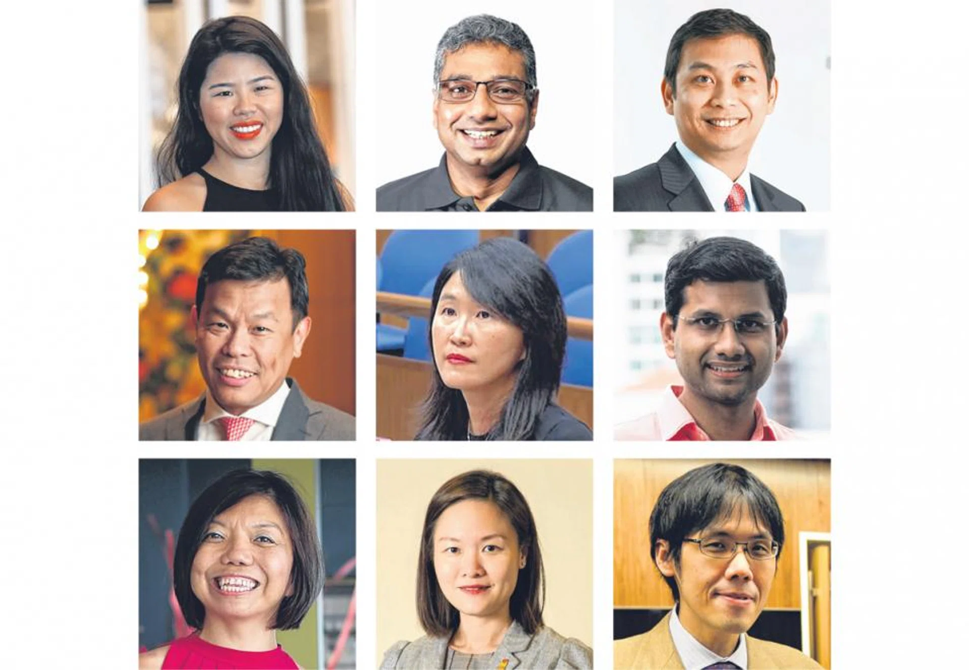 (Top row, from left to right) Ms Yip Pin Xiu, Mr Arasu Duraisamy, Mr Douglas Foo. (Second row, from left to right) Mr Ho Wee San, Prof Lim Sun Sun, Mr Abbas Ali Mohamed Irshad. (Third row, from left to right) Ms Anthea Ong, Ms Irene Quay, Professor Walter Edgar Theseira. 