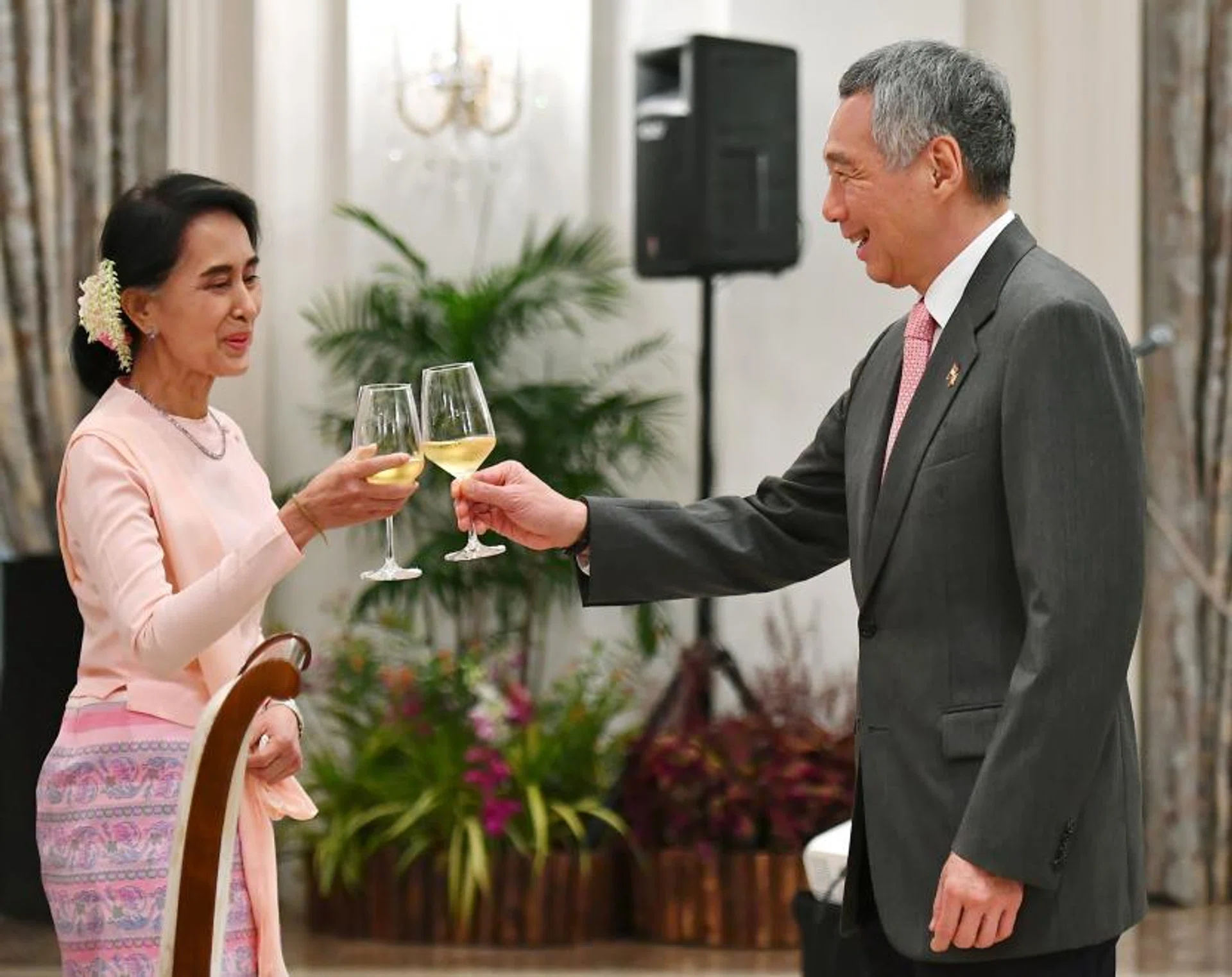 Ms Aung San Suu Kyi and Prime Minister Lee Hsien Loong at the Istana yesterday. 
