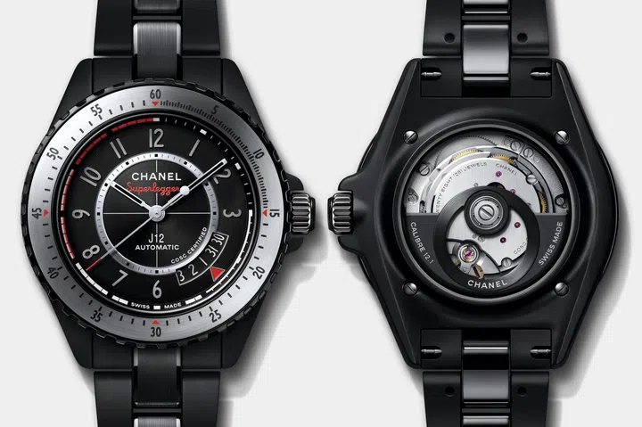 Front and back views of the Chanel J12 Superleggera Caliber 12.1 42mm, showing its black dial and Calibre 12.1 through the sapphire caseback.