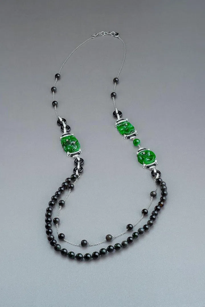 Art Deco Collection green jadeite, onyx and diamond necklace. (Photo: Dejade Jewellery)