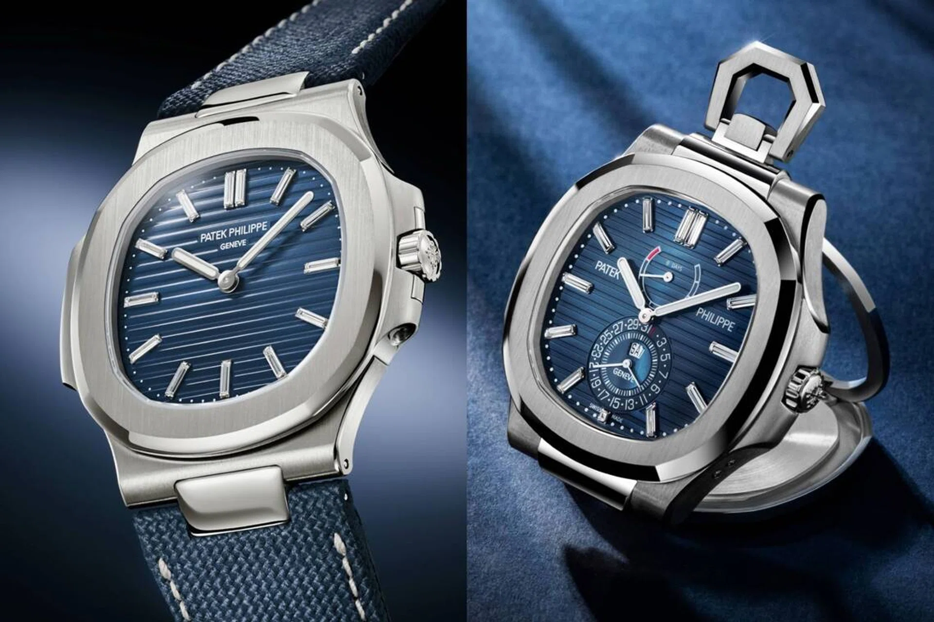 Patek Philippe Nautilus 50th anniversary Ref. 5810G-001 with blue horizontally embossed dial, diamond-set hour markers and navy-blue composite strap, alongside the white gold Ref. 958G-001 Nautilus desk watch with blue dial and baguette-cut diamond hour markers.