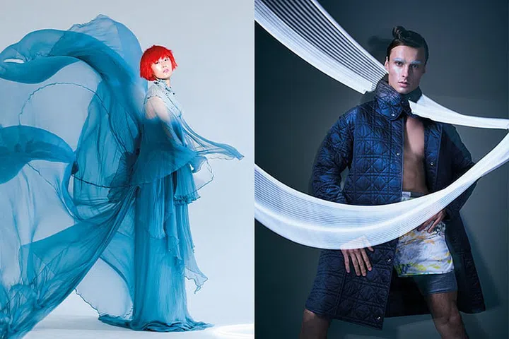 (Opposite page) Chiffon blouse with embellishments and chiffon dress, from Gucci. (This page) Silk coat, cotton shorts and cotton knit long underwear (worn under shorts), from Dior.