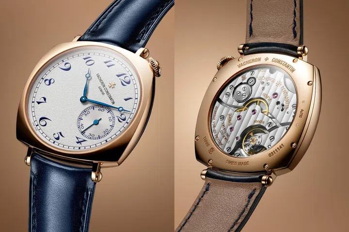 Front and back views of the Vacheron Constantin Historiques American 1921 in pink gold, showing its diagonal dial and Calibre 4400 AS through the sapphire caseback.
